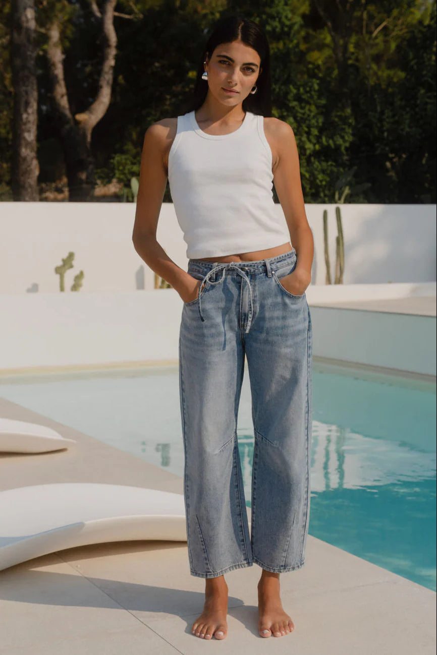 STORIES BE TOLD CAMPUS LIGHT BLUE TIE WAIST BARREL JEANS - THE VOGUE STORE