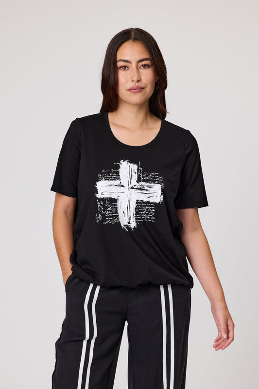 DUO JUNE PLEAT TEE - BLACK WHITE CROSS - THE VOGUE STORE