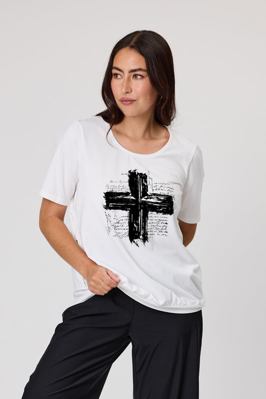 DUO JUNE PLEAT TEE - WHITE BLACK CROSS - THE VOGUE STORE