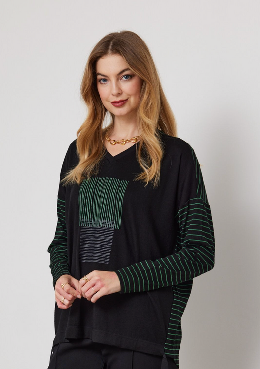 DUO ALODIE SPLICE TOP - FOREST GREEN /BLACK STRIPE - THE VOGUE STORE