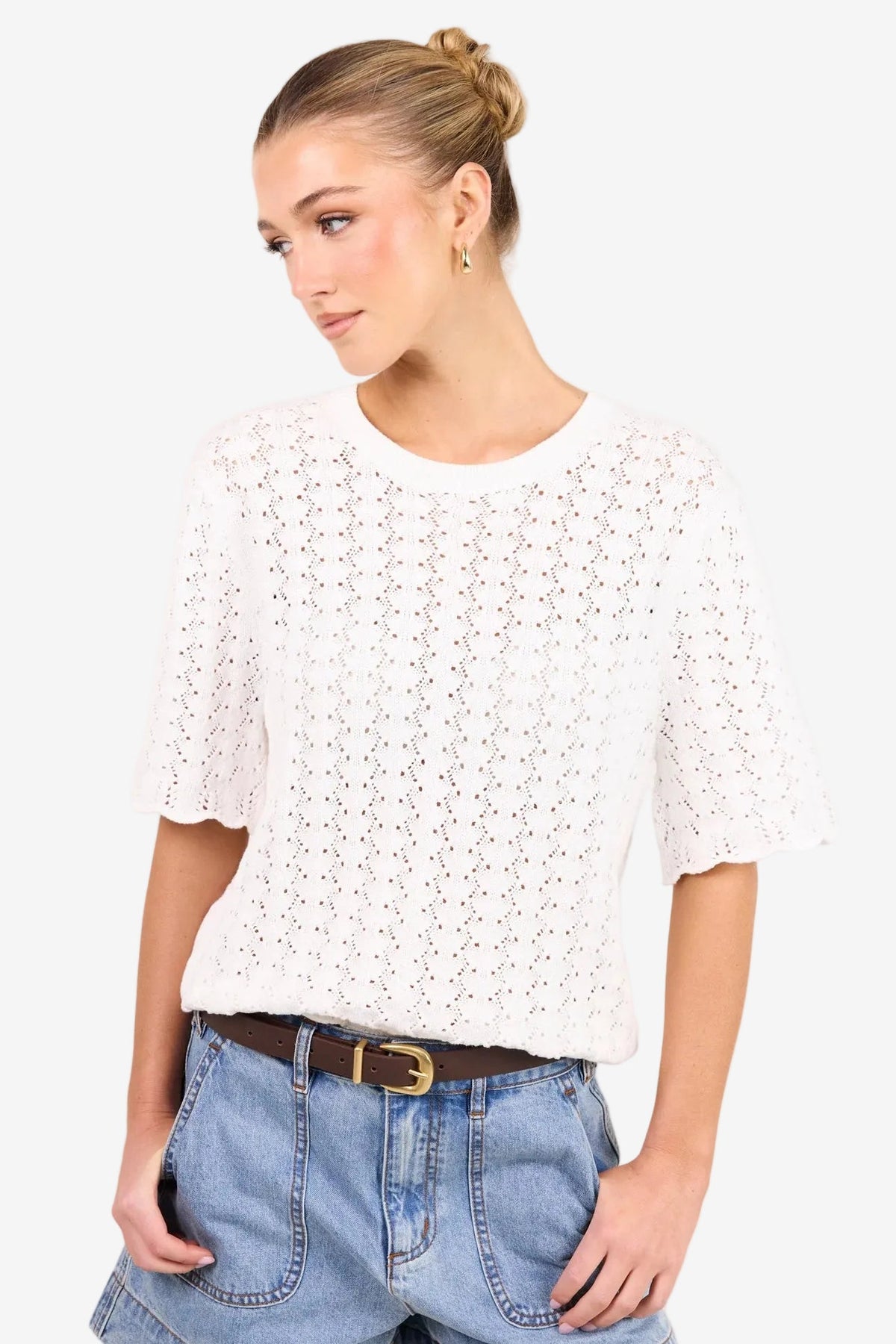 IVY + JACK DAINTY IVORY POINTELLE CROCHET KNIT TEE - THE VOGUE STORE