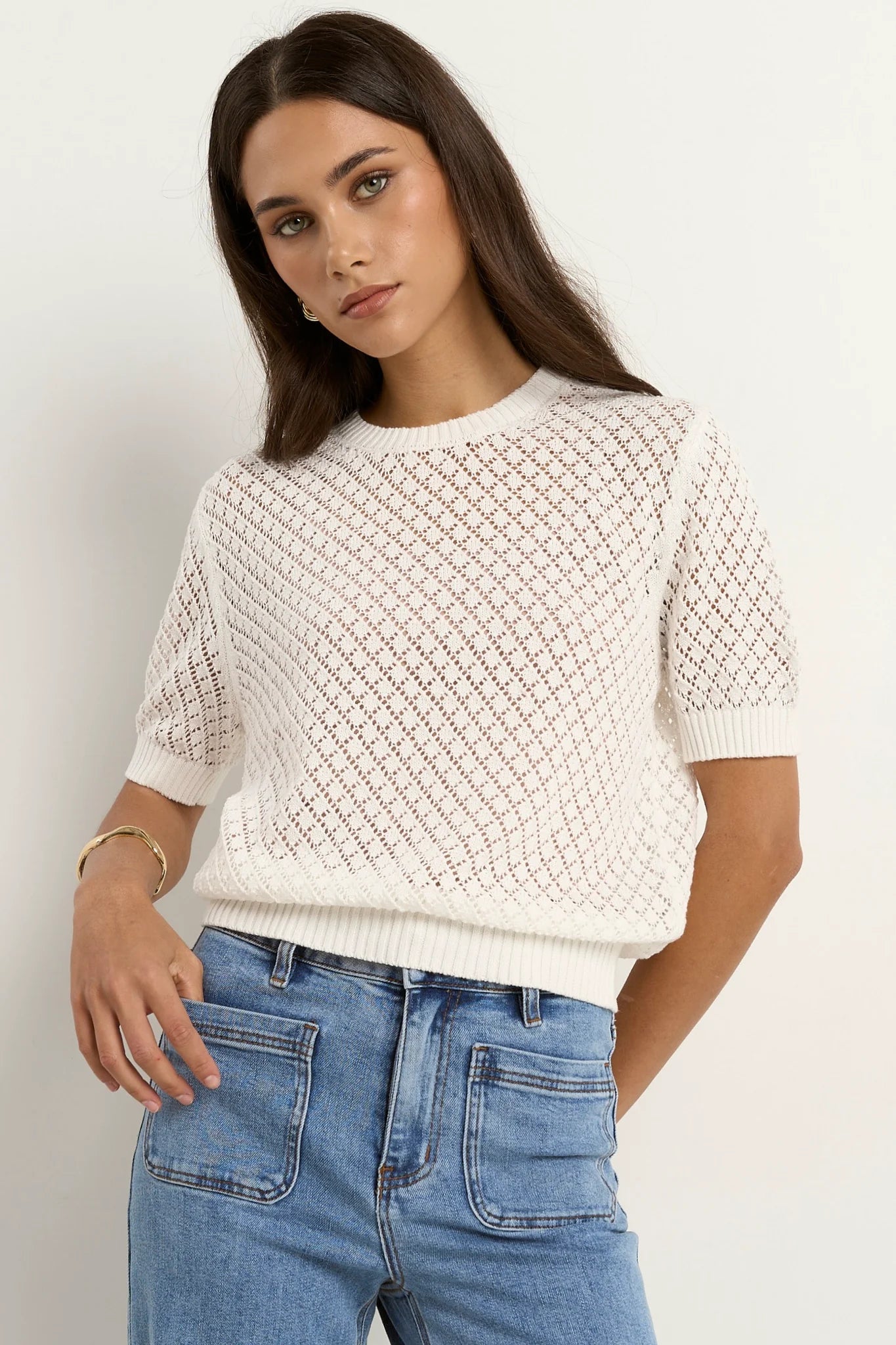 IVY + JACK DAPPLE IVORY BOXY KNIT LACE TEE - IVORY - THE VOGUE STORE