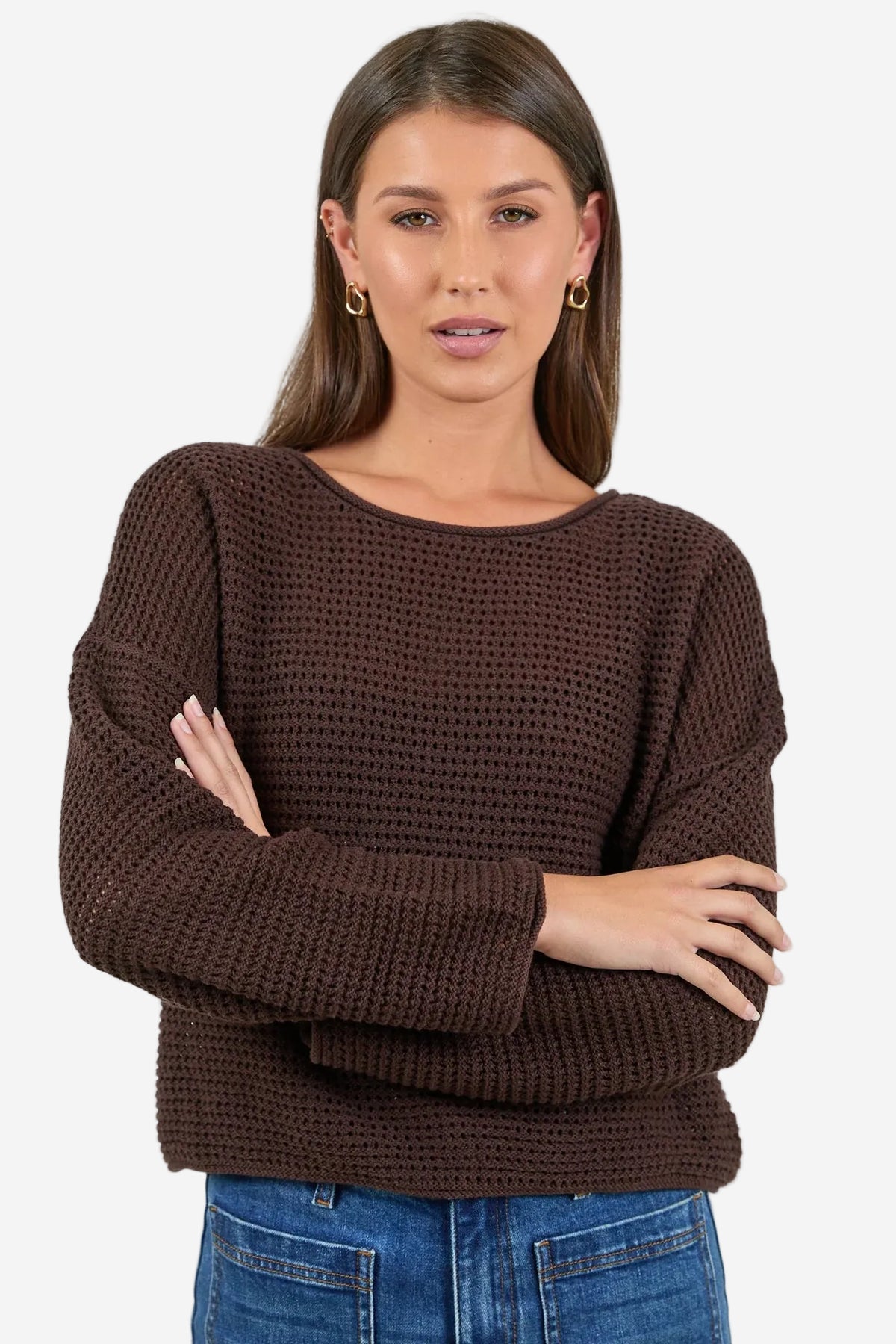 RE:UNION DAWN DARK CHOCOLATE CROCHET KNIT JUMPER - THE VOGUE STORE