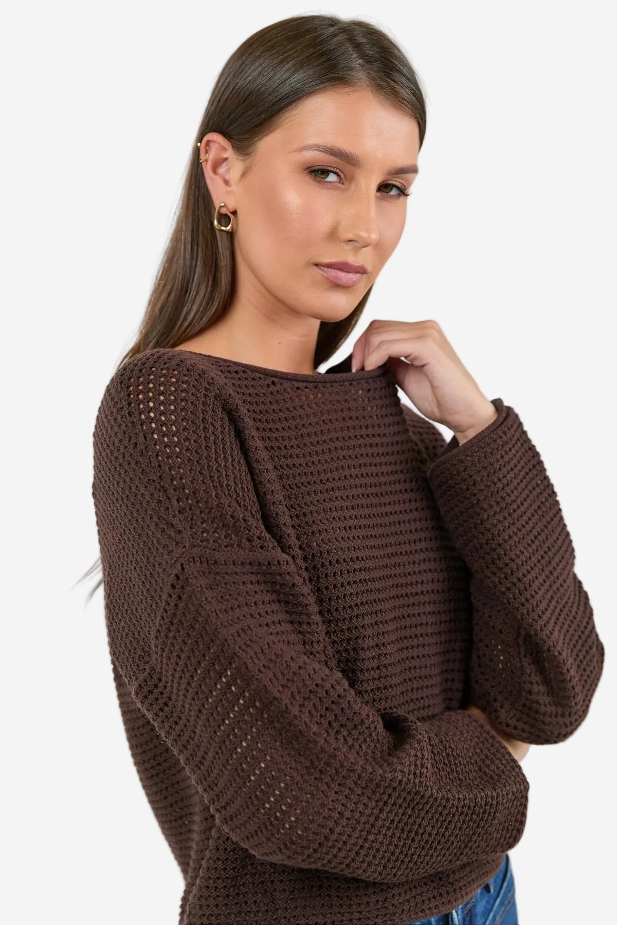 RE:UNION DAWN DARK CHOCOLATE CROCHET KNIT JUMPER - THE VOGUE STORE