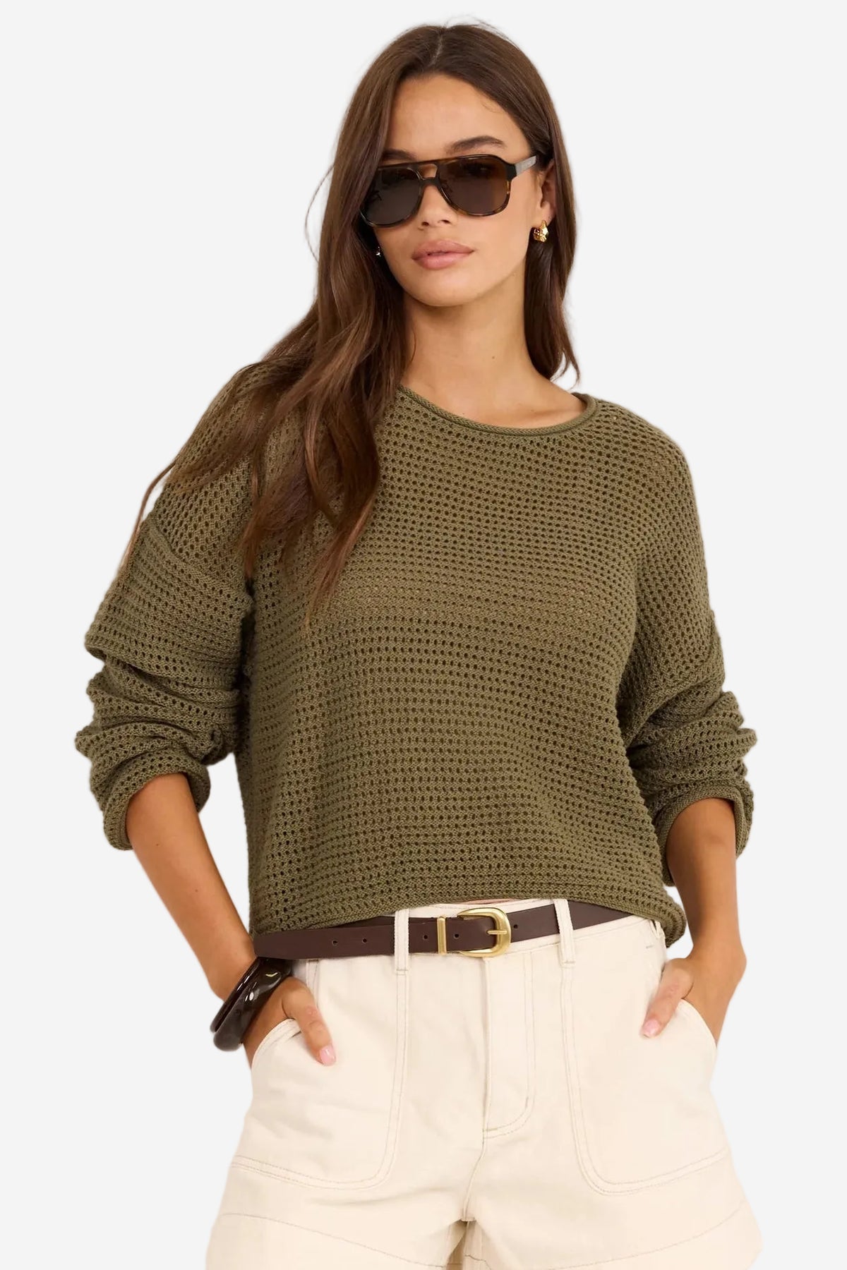 RE:UNION DAWN LIGHT KHAKI KNIT CROCHET JUMPER - THE VOGUE STORE