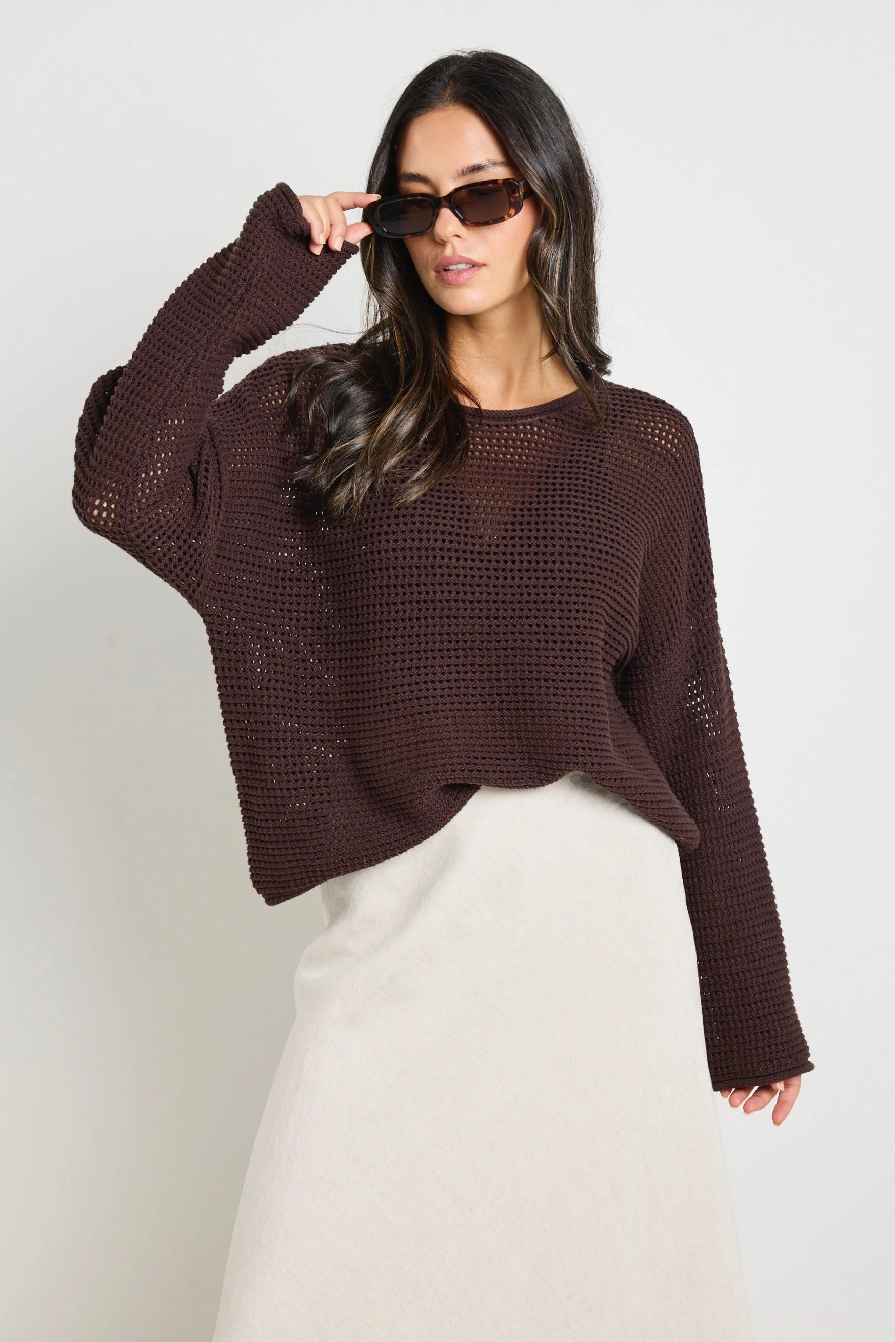 RE:UNION DAWN CHOCOLATE CROCHET KNIT JUMPER - CHOCOLATE - THE VOGUE STORE