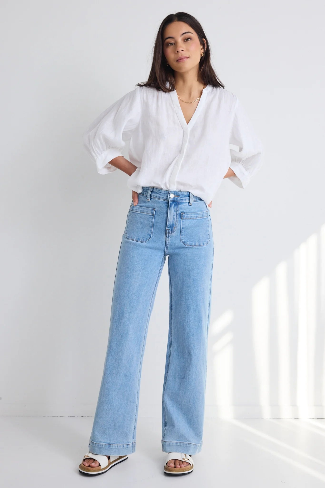 AMONG THE BRAVE ZOEY LIGHT BLUE HIGH RISE WIDE LEG POCKET JEAN - THE VOGUE STORE