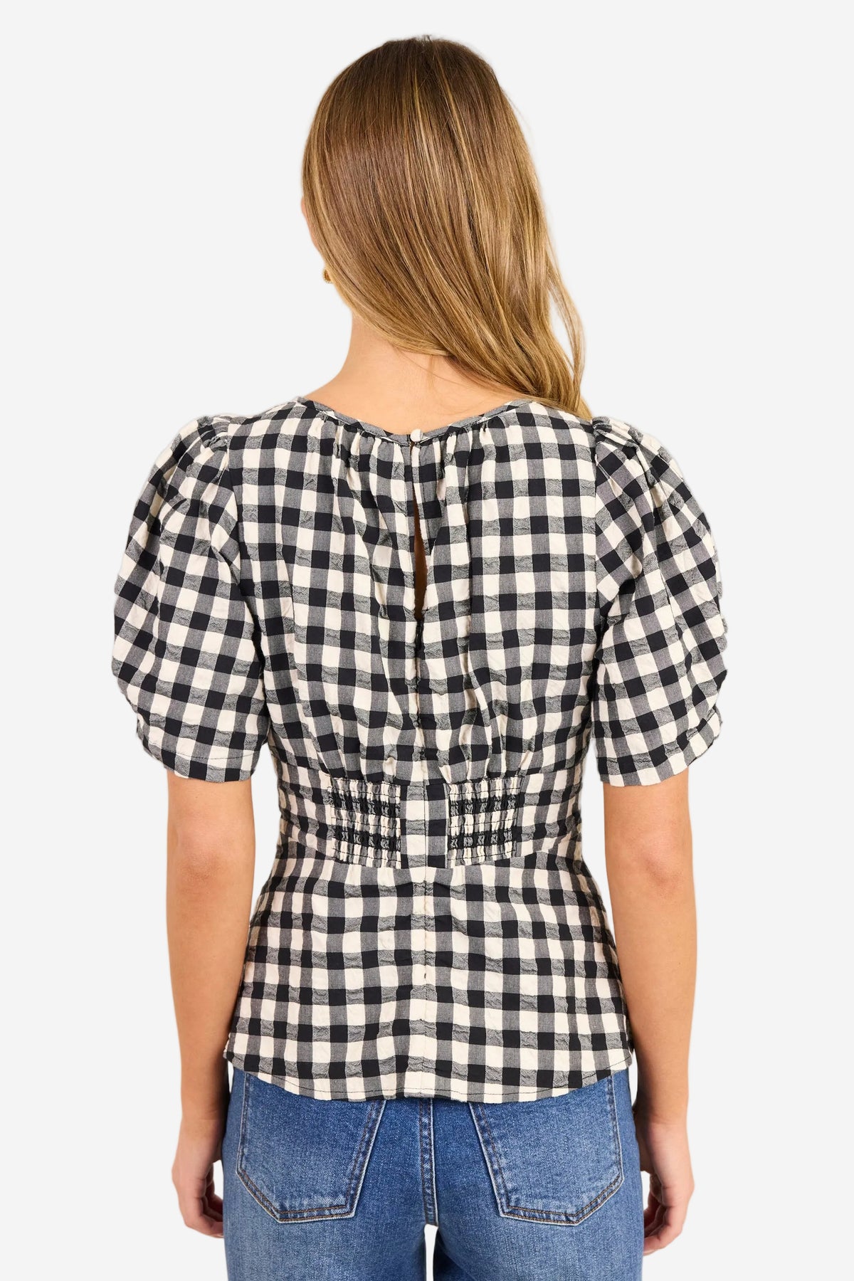 STORIES BE TOLD DETERMINE BLACK IVORY GINGHAM PLEATED PANEL SS TOP - THE VOGUE STORE