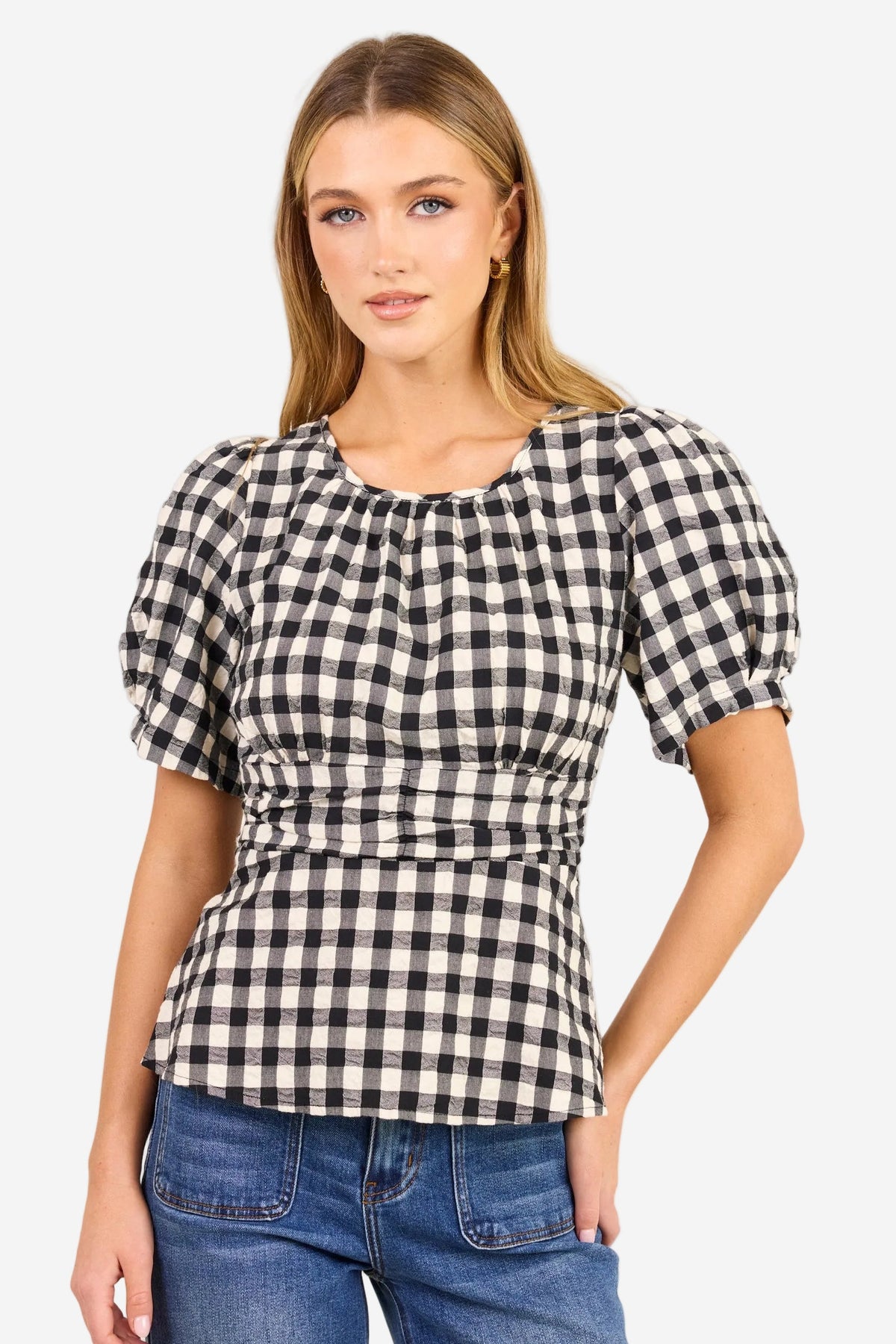 STORIES BE TOLD DETERMINE BLACK IVORY GINGHAM PLEATED PANEL SS TOP - THE VOGUE STORE