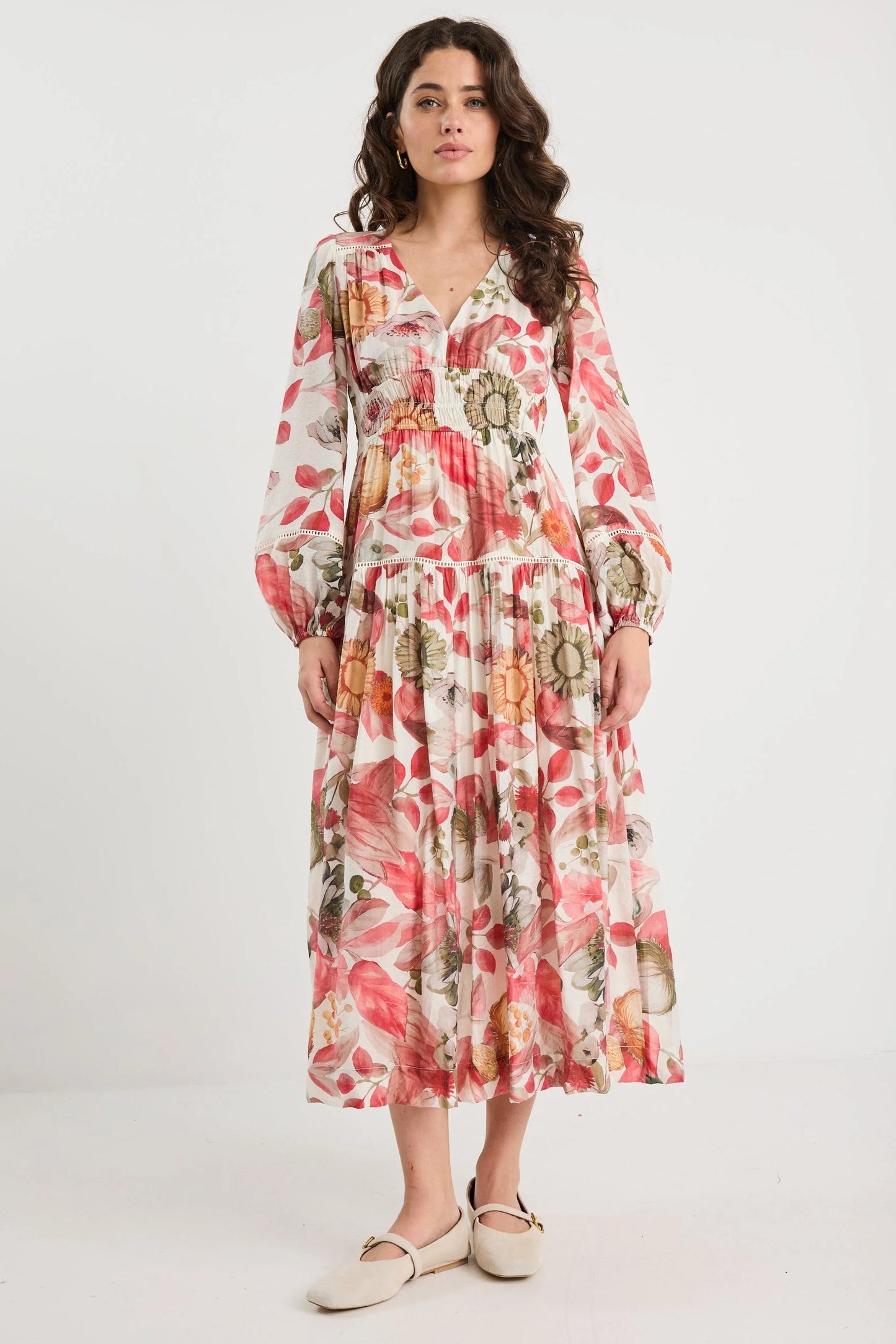 BY ROSA DIVINE BLUSH WOODLAND FLORAL BALLOON SLEEVE FLOATY MAXI DRESS - THE VOGUE STORE