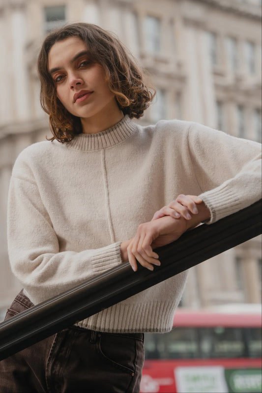 AMONG THE BRAVE EDGE IVORY MOCK NECK CONTRAST TRIM JUMPER - THE VOGUE STORE