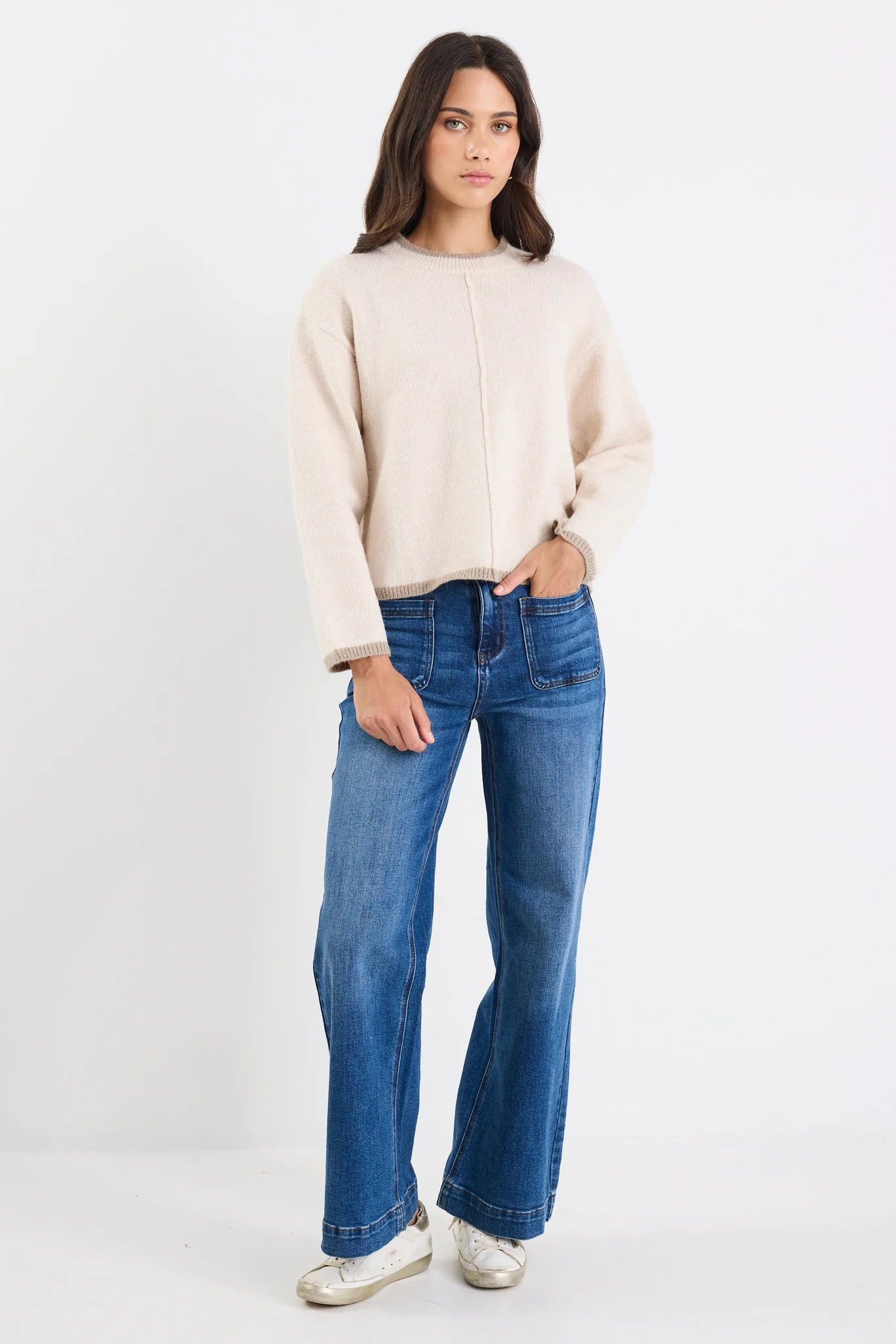 AMONG THE BRAVE EDGE IVORY MOCK NECK CONTRAST TRIM JUMPER - THE VOGUE STORE