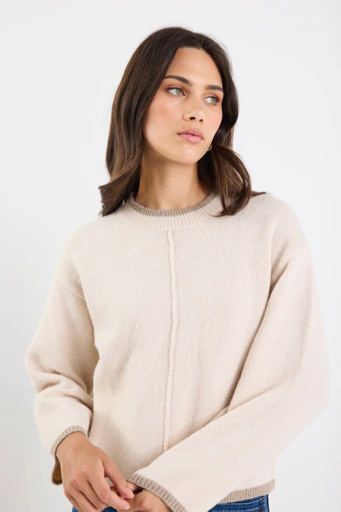AMONG THE BRAVE EDGE IVORY MOCK NECK CONTRAST TRIM JUMPER - THE VOGUE STORE