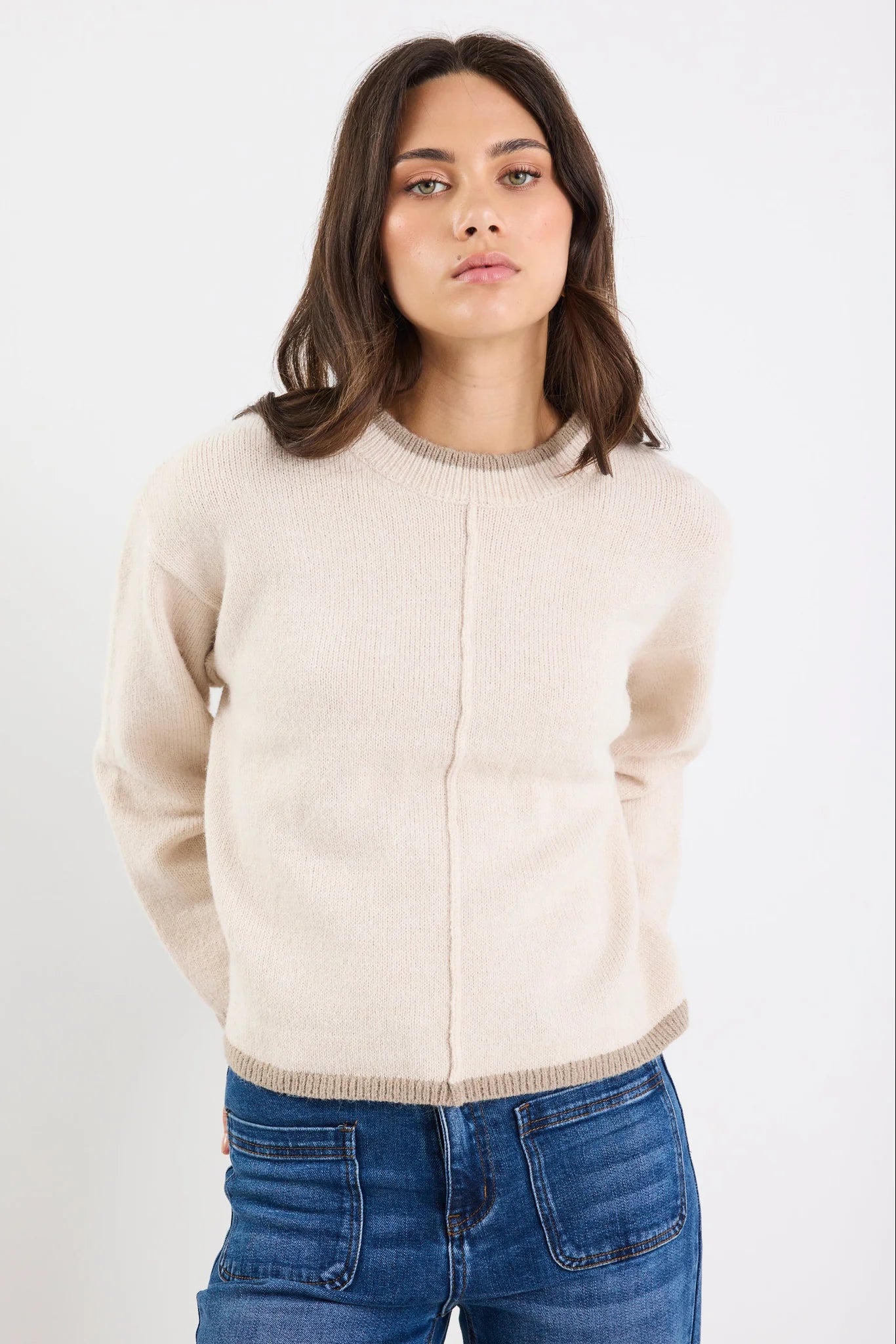 AMONG THE BRAVE EDGE IVORY MOCK NECK CONTRAST TRIM JUMPER - THE VOGUE STORE