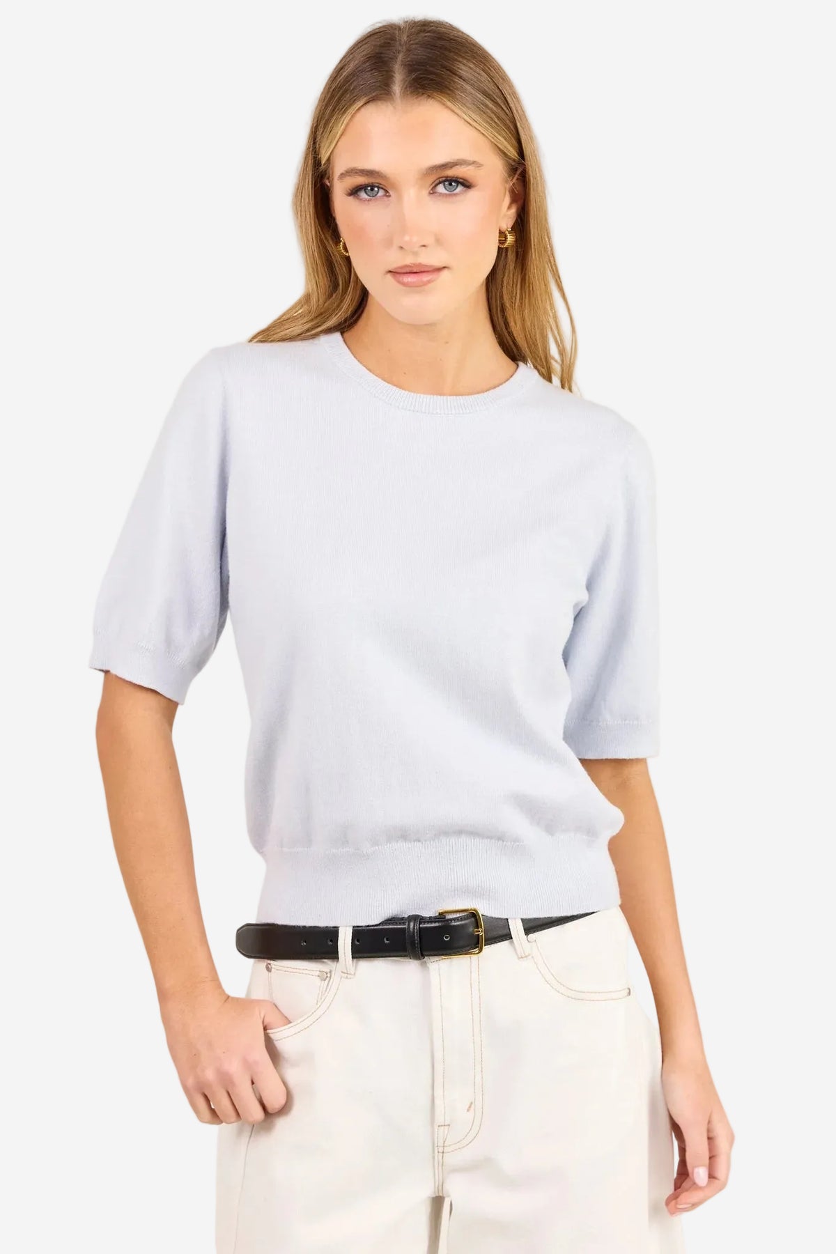 STORIES BE TOLD EDITION ICE BLUE CREWNECK CASHMERE BLEND KNIT TEE - THE VOGUE STORE