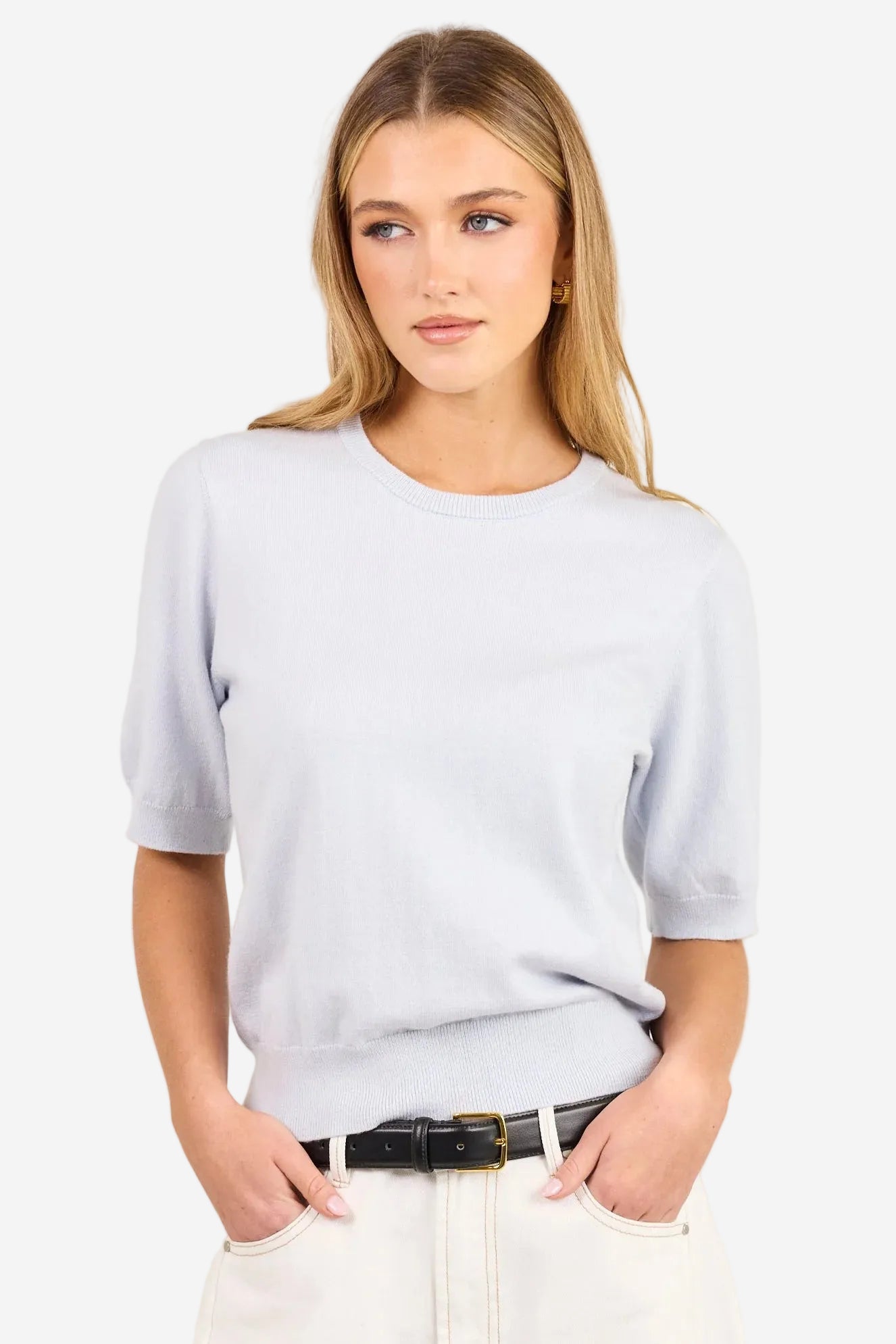 STORIES BE TOLD EDITION ICE BLUE CREWNECK CASHMERE BLEND KNIT TEE - THE VOGUE STORE
