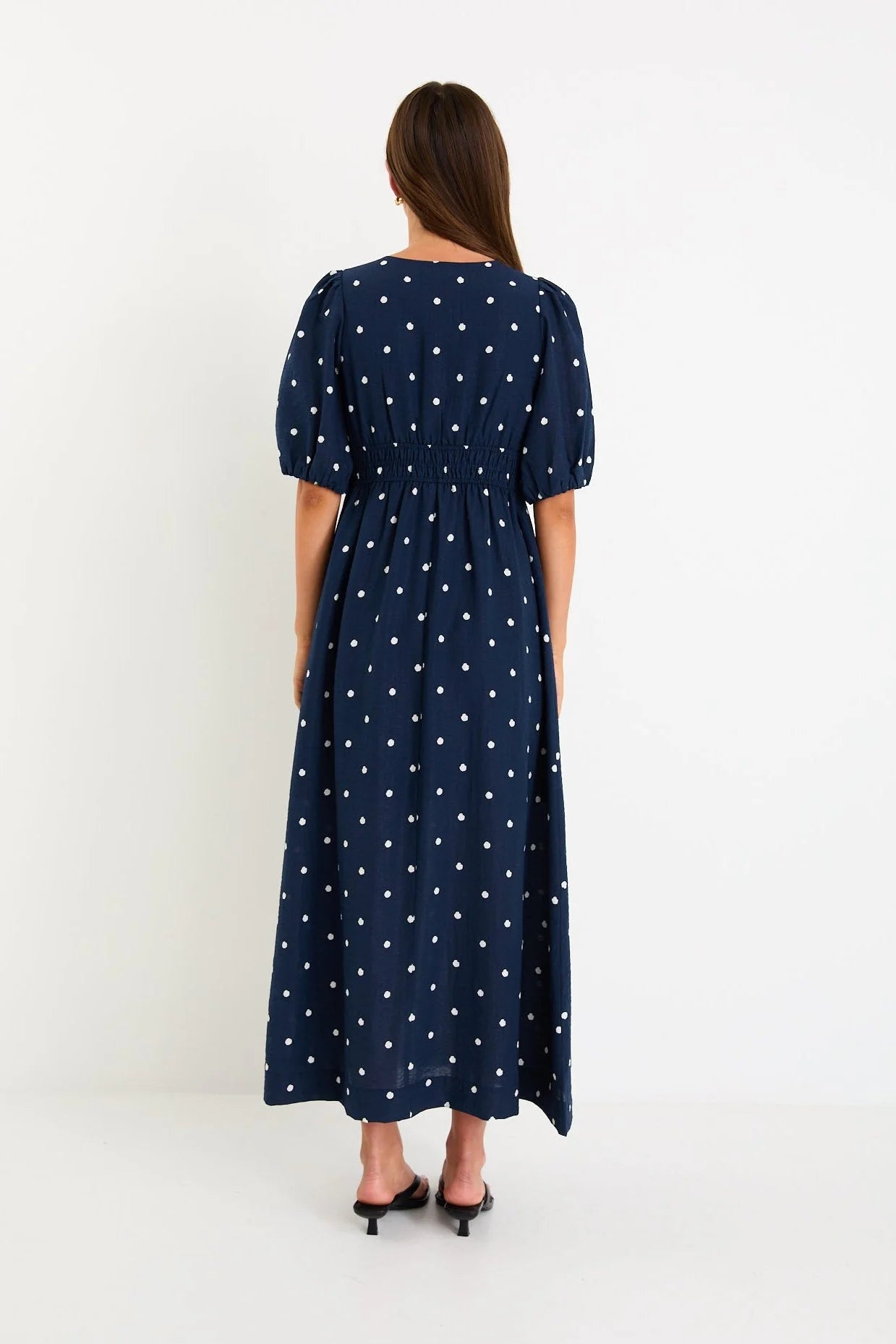STORIES BE TOLD ELOQUENT NAVY POLKA DOT FLUTTER SLEEVE MAXI DRESS - THE VOGUE STORE