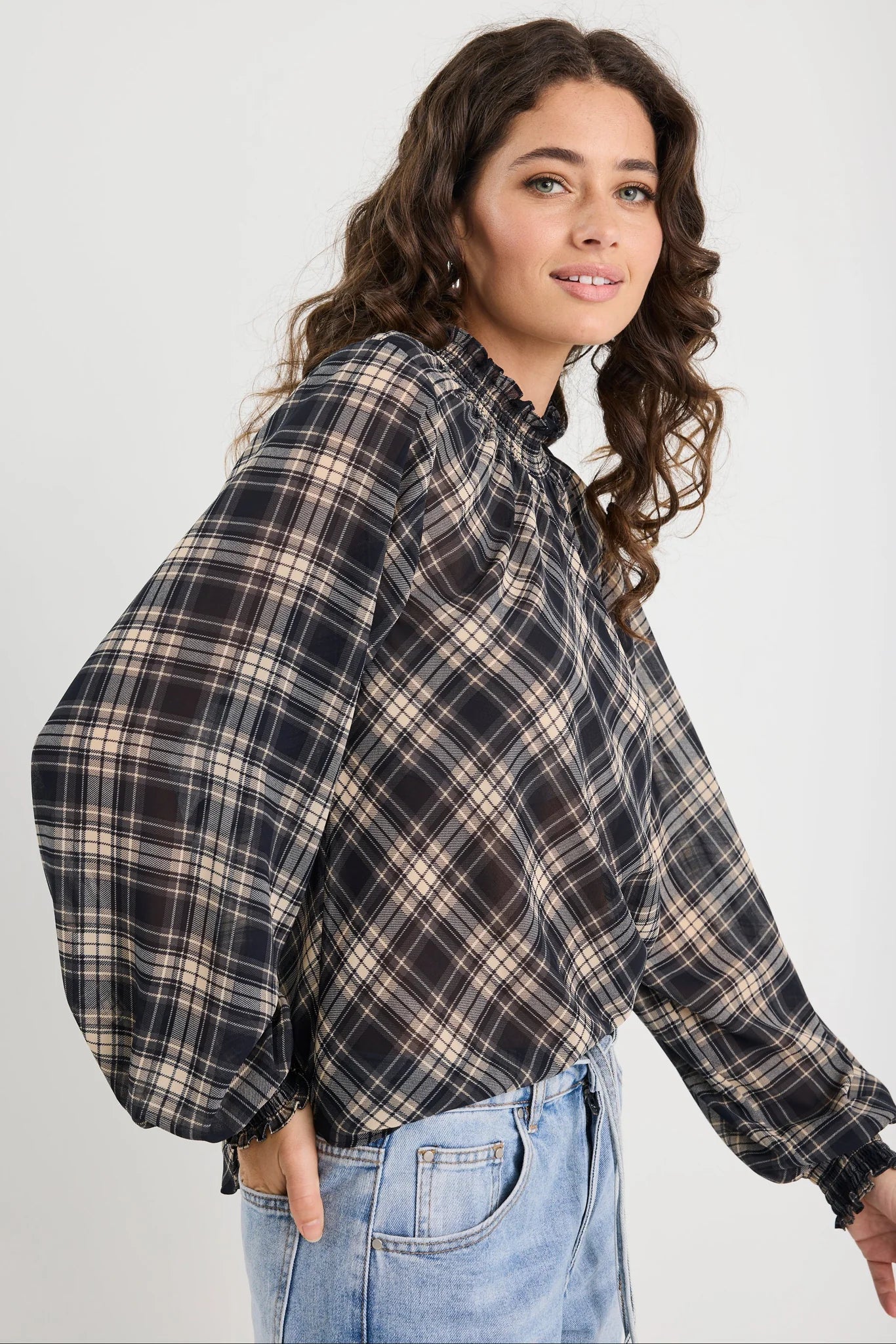 AMONG THE BRAVE EMBRACE BLACK CHECK CHIFFON SHIRRED NECK LS TOP - THE VOGUE STORE
