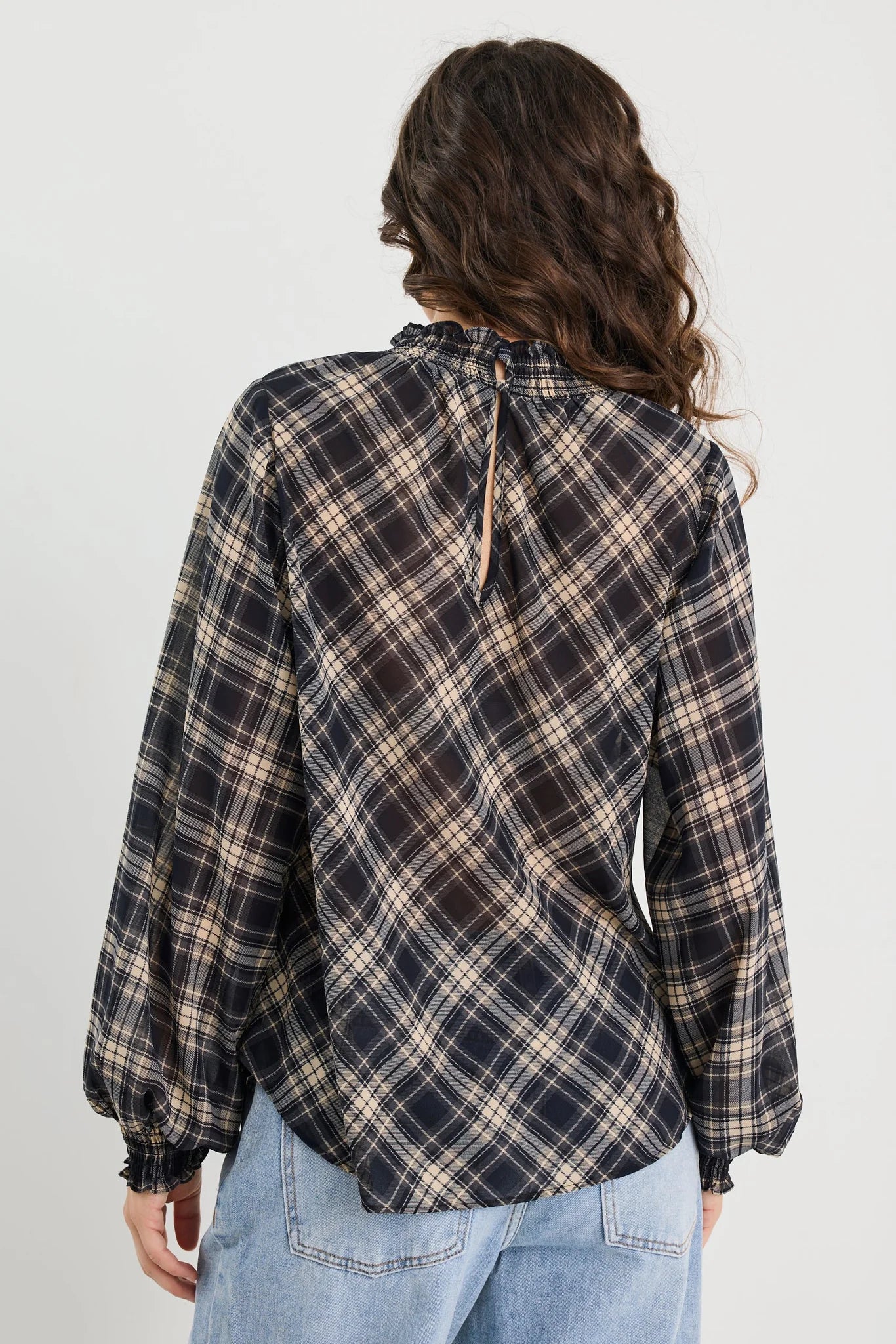 AMONG THE BRAVE EMBRACE BLACK CHECK CHIFFON SHIRRED NECK LS TOP - THE VOGUE STORE
