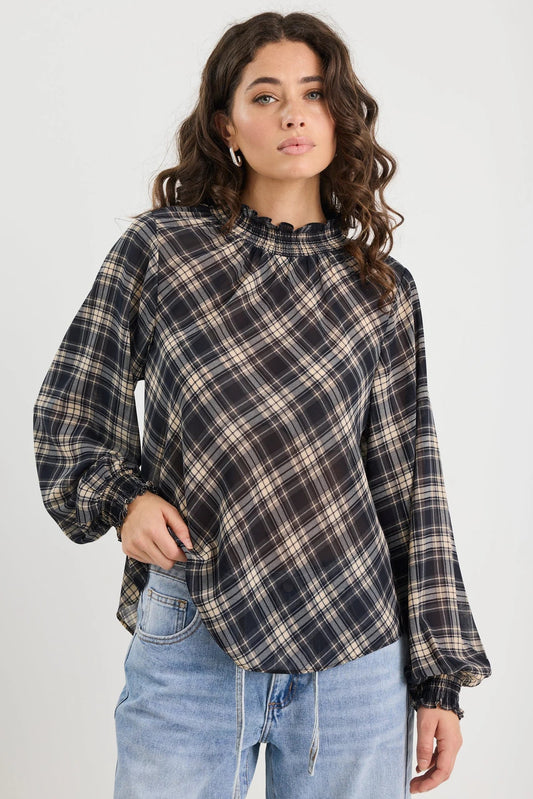 AMONG THE BRAVE EMBRACE BLACK CHECK CHIFFON SHIRRED NECK LS TOP - THE VOGUE STORE