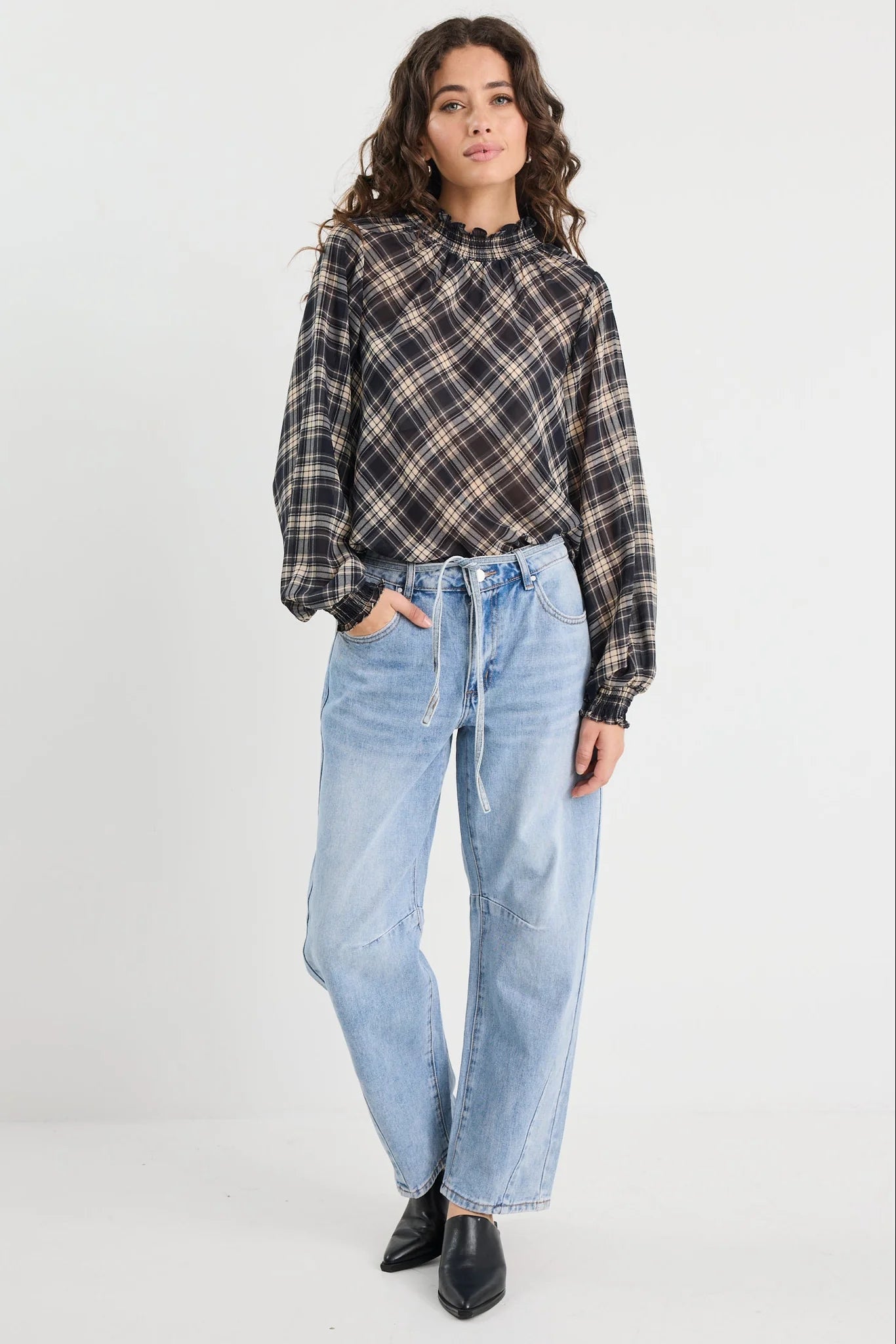AMONG THE BRAVE EMBRACE BLACK CHECK CHIFFON SHIRRED NECK LS TOP - THE VOGUE STORE