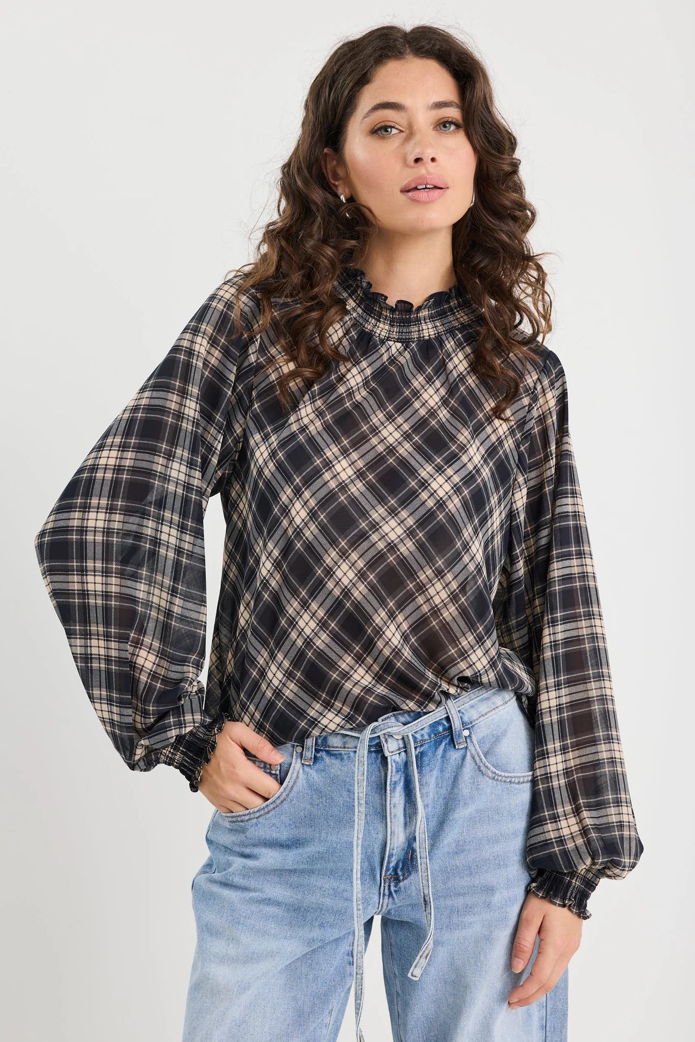 AMONG THE BRAVE EMBRACE BLACK CHECK CHIFFON SHIRRED NECK LS TOP - THE VOGUE STORE