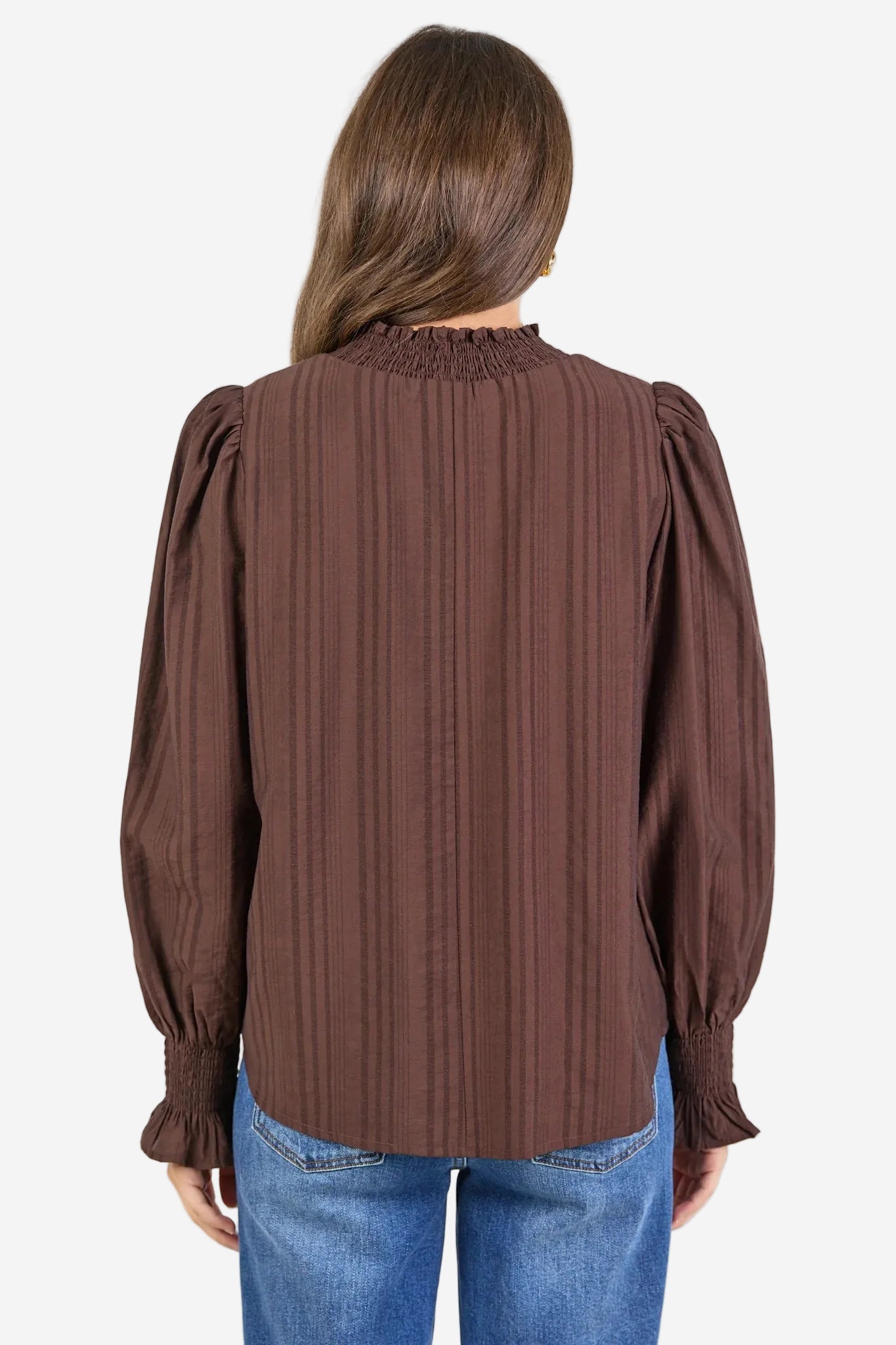 AMONG THE BRAVE EMBRACE CHOCOLATE SELF STRIPE SHIRRED NECK LS TOP - THE VOGUE STORE
