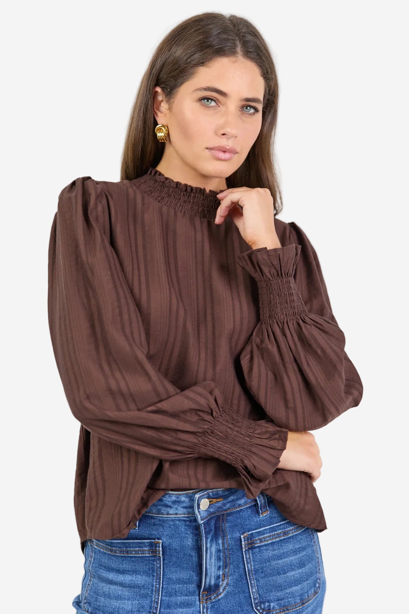 AMONG THE BRAVE EMBRACE CHOCOLATE SELF STRIPE SHIRRED NECK LS TOP - THE VOGUE STORE