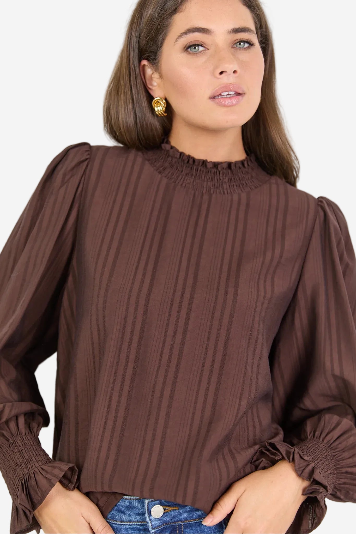 AMONG THE BRAVE EMBRACE CHOCOLATE SELF STRIPE SHIRRED NECK LS TOP - THE VOGUE STORE
