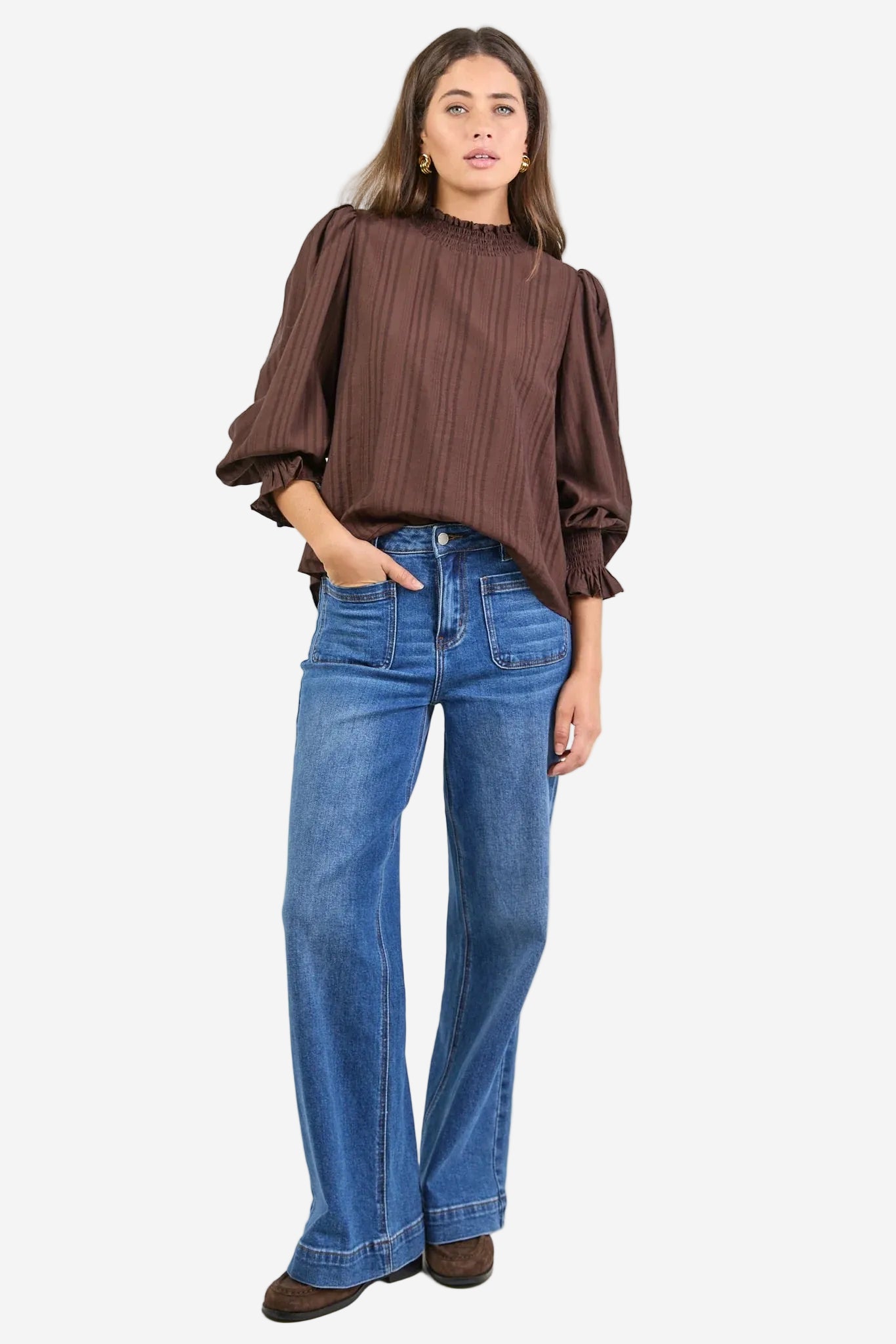 AMONG THE BRAVE EMBRACE CHOCOLATE SELF STRIPE SHIRRED NECK LS TOP - THE VOGUE STORE
