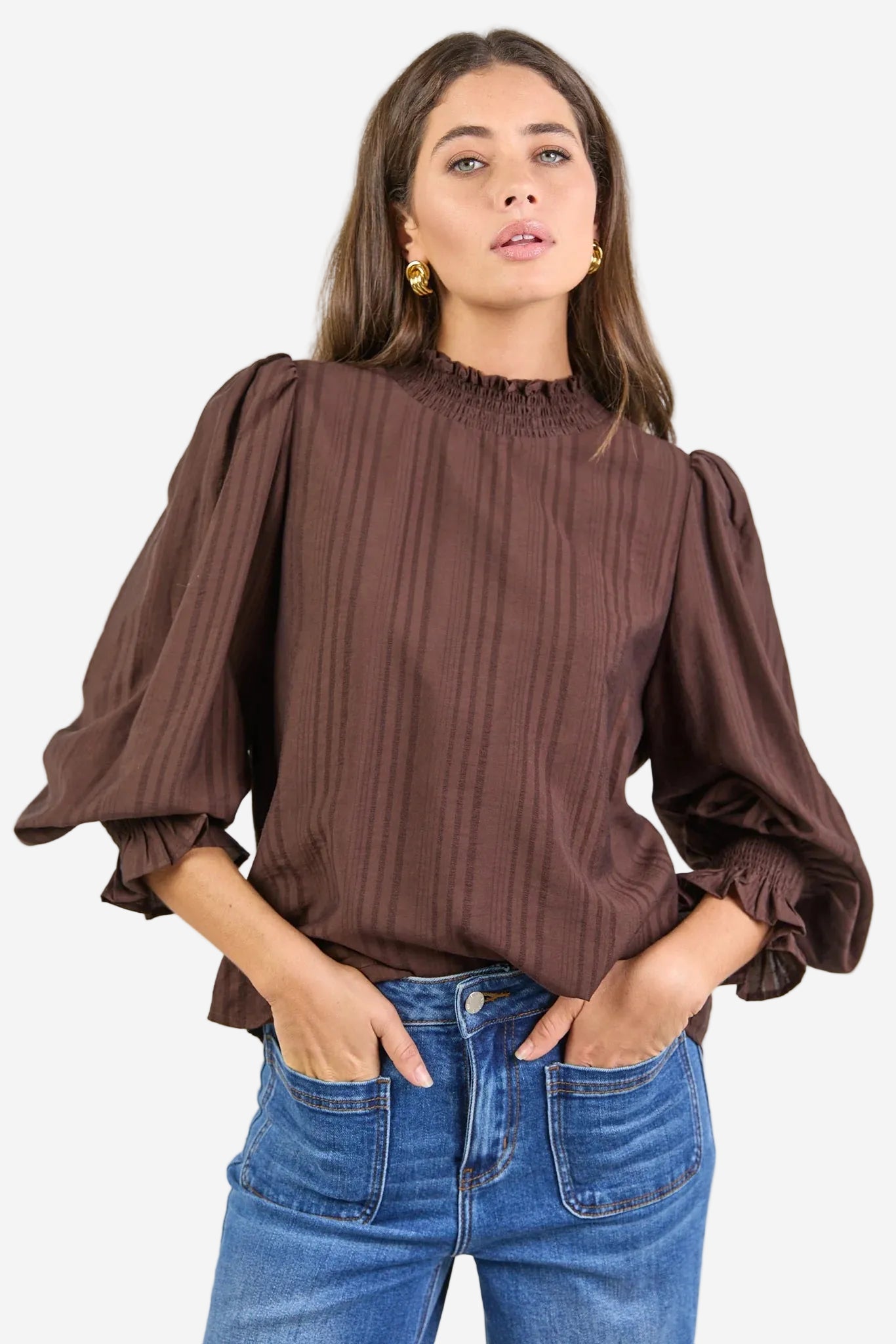 AMONG THE BRAVE EMBRACE CHOCOLATE SELF STRIPE SHIRRED NECK LS TOP - THE VOGUE STORE