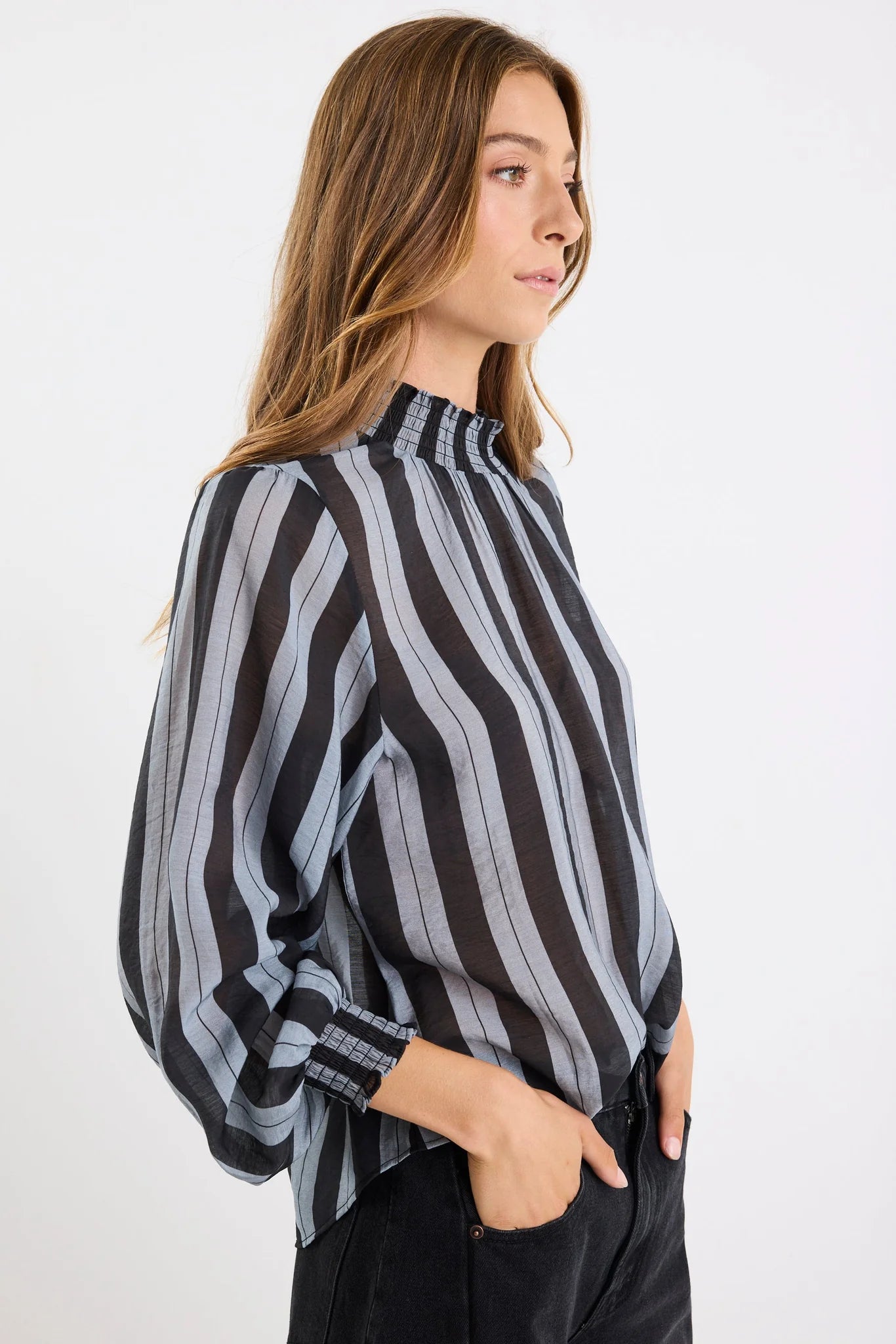 AMONG THE BRAVE EMBRACE GREY STRIPE SHIRRED NECK L/S TOP - THE VOGUE STORE