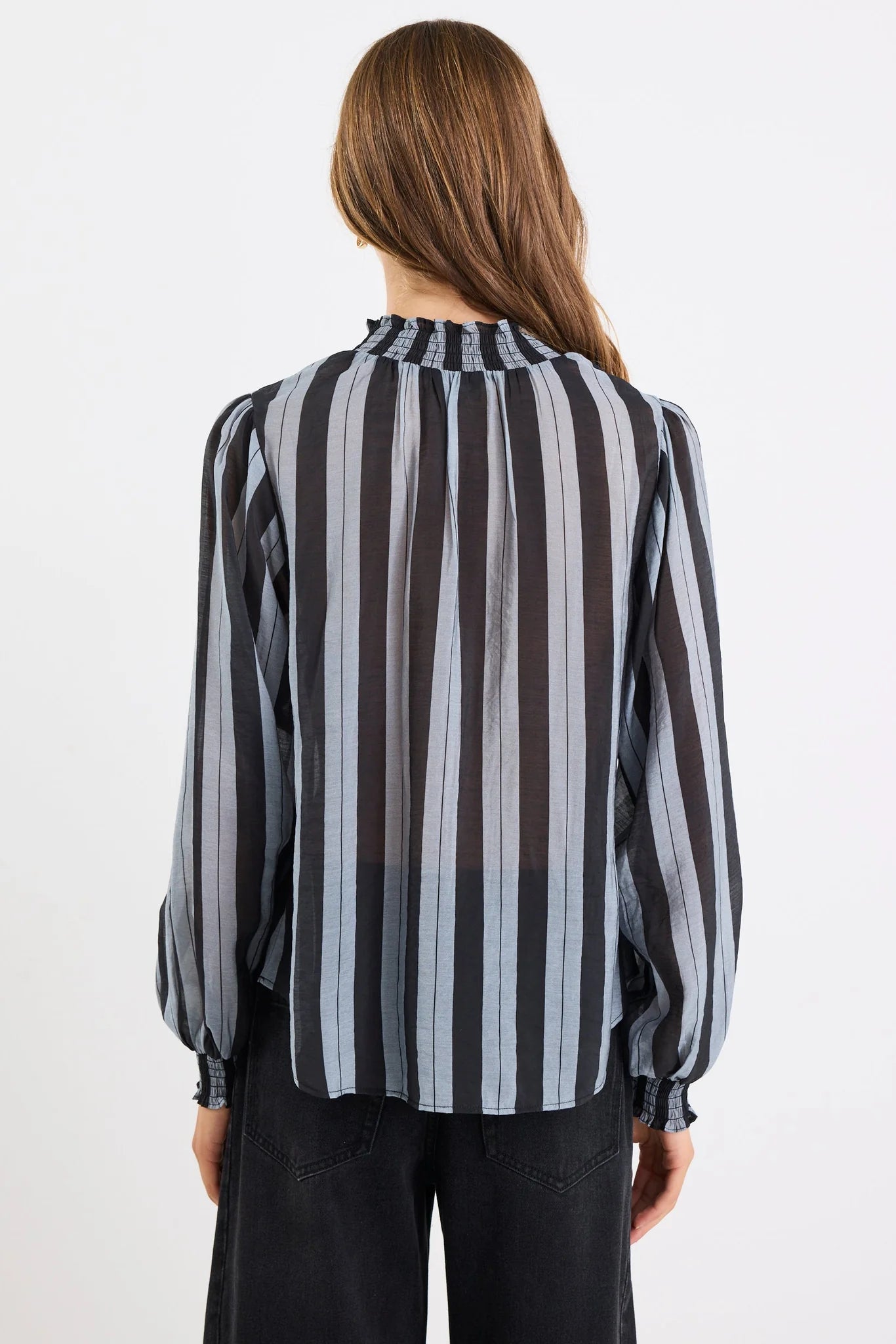 AMONG THE BRAVE EMBRACE GREY STRIPE SHIRRED NECK L/S TOP - THE VOGUE STORE