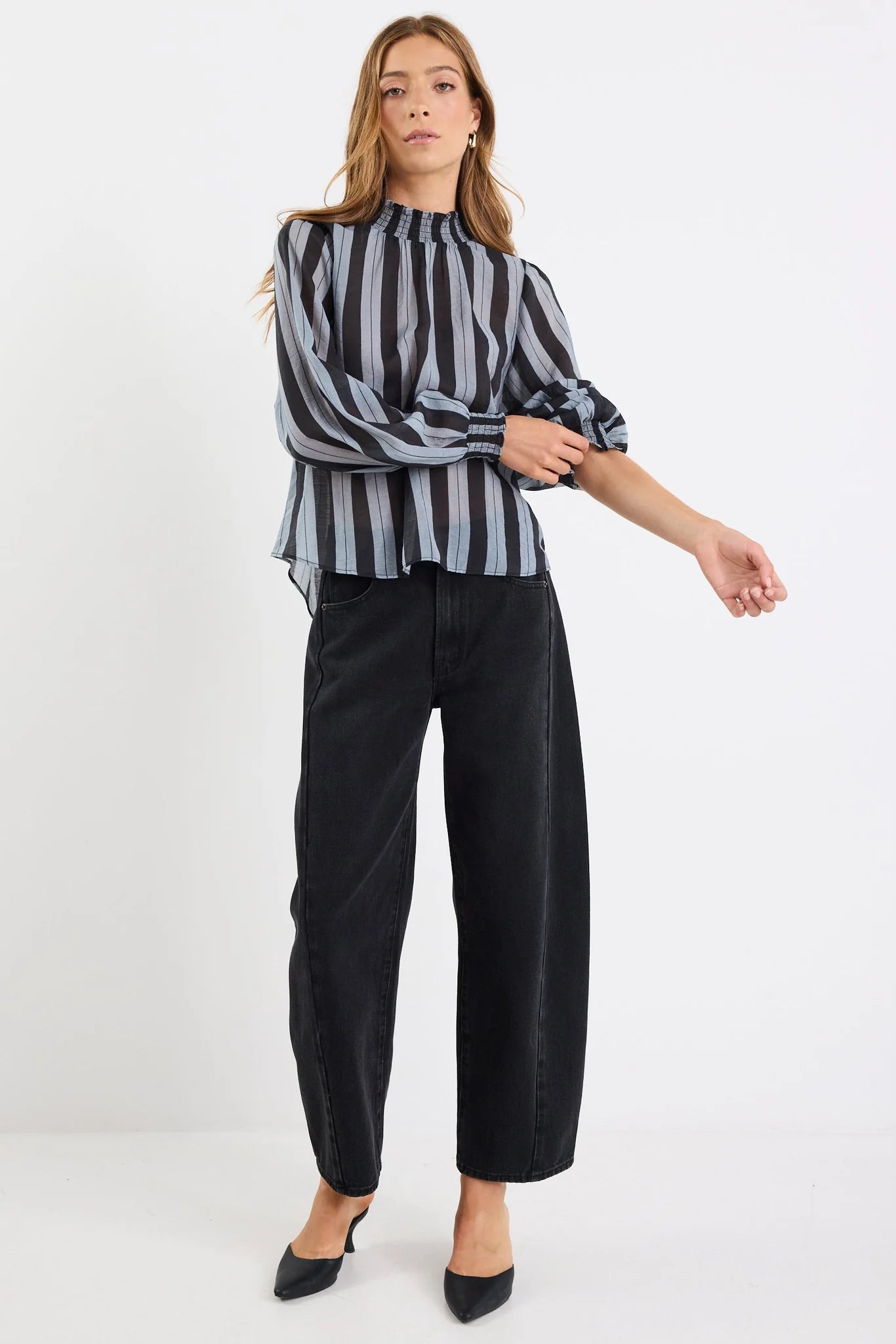 AMONG THE BRAVE EMBRACE GREY STRIPE SHIRRED NECK L/S TOP - THE VOGUE STORE