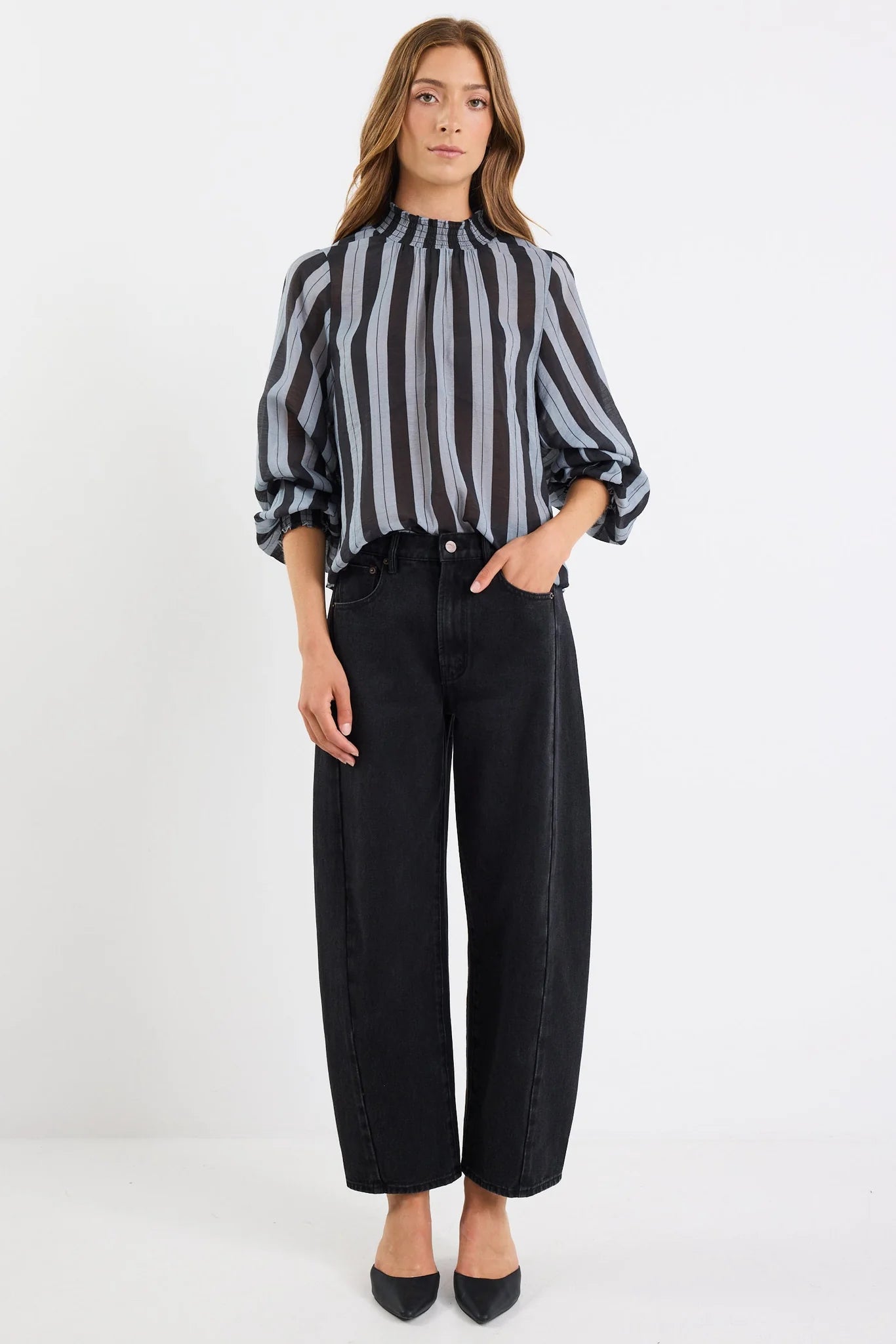 AMONG THE BRAVE EMBRACE GREY STRIPE SHIRRED NECK L/S TOP - THE VOGUE STORE