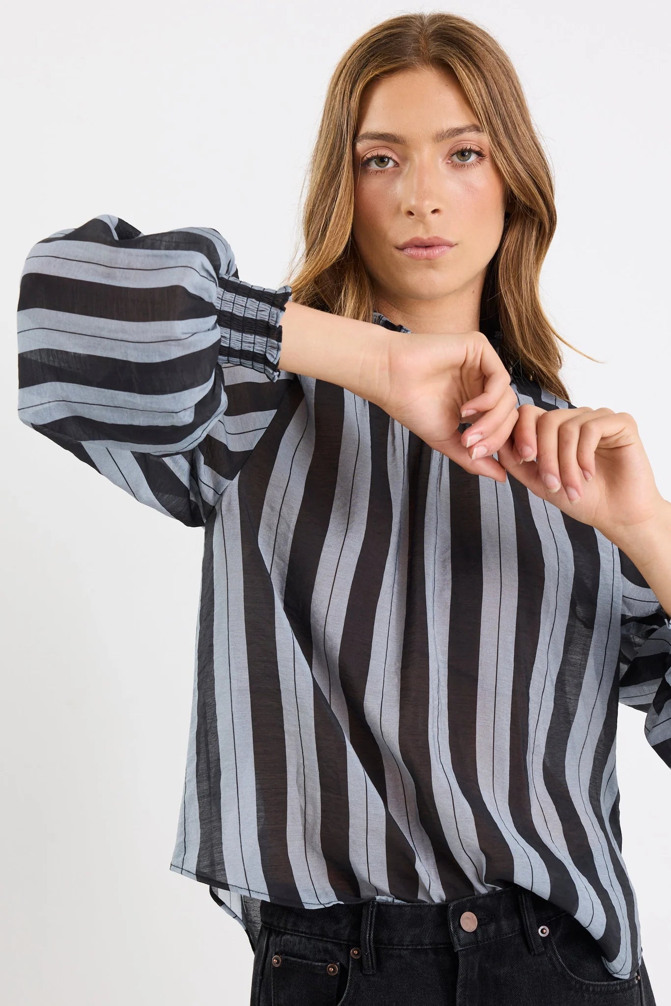 AMONG THE BRAVE EMBRACE GREY STRIPE SHIRRED NECK L/S TOP - THE VOGUE STORE