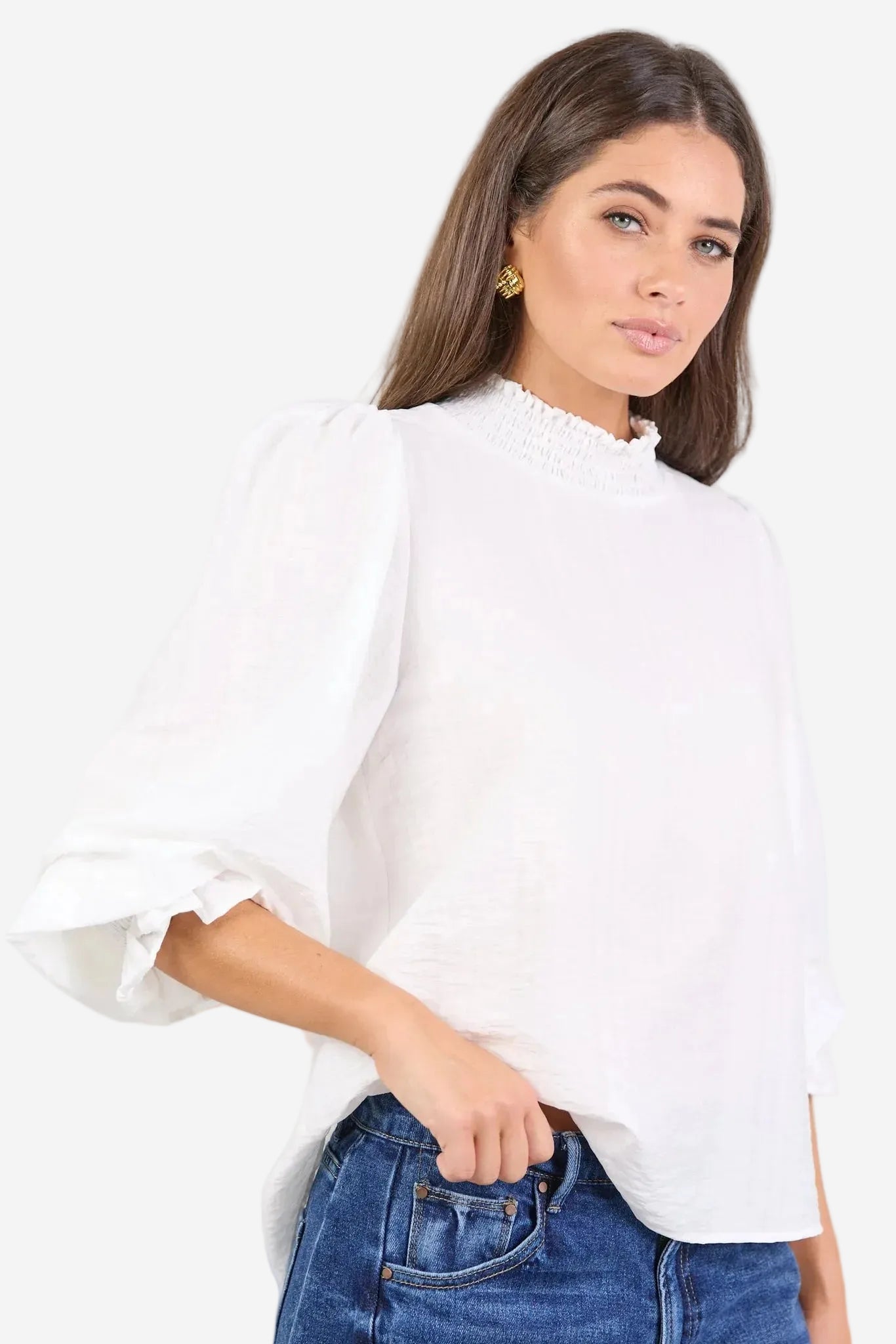 AMONG THE BRAVE EMBRACE IVORY SELF STRIPE SHIRRED NECK LS TOP - THE VOGUE STORE