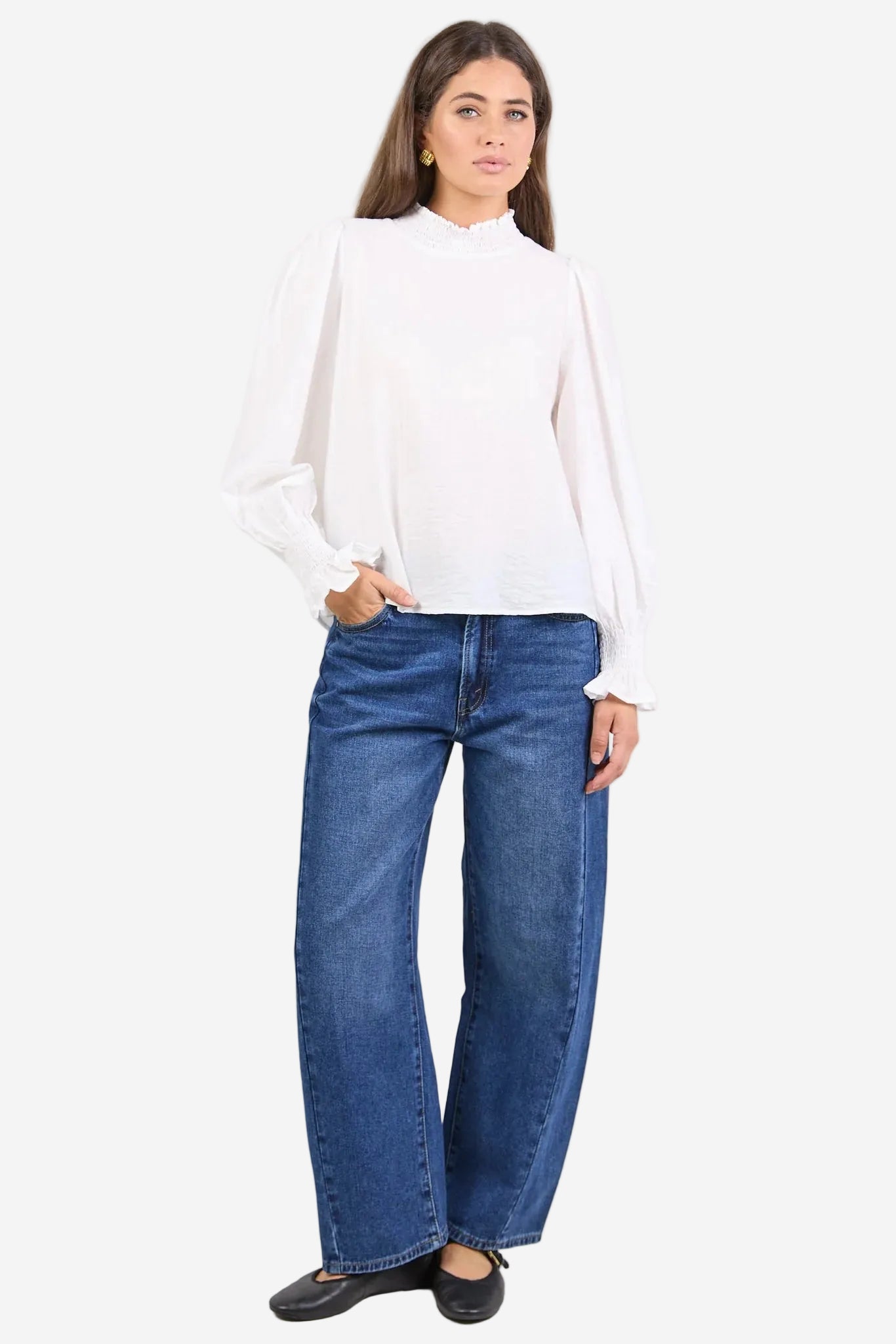AMONG THE BRAVE EMBRACE IVORY SELF STRIPE SHIRRED NECK LS TOP - THE VOGUE STORE