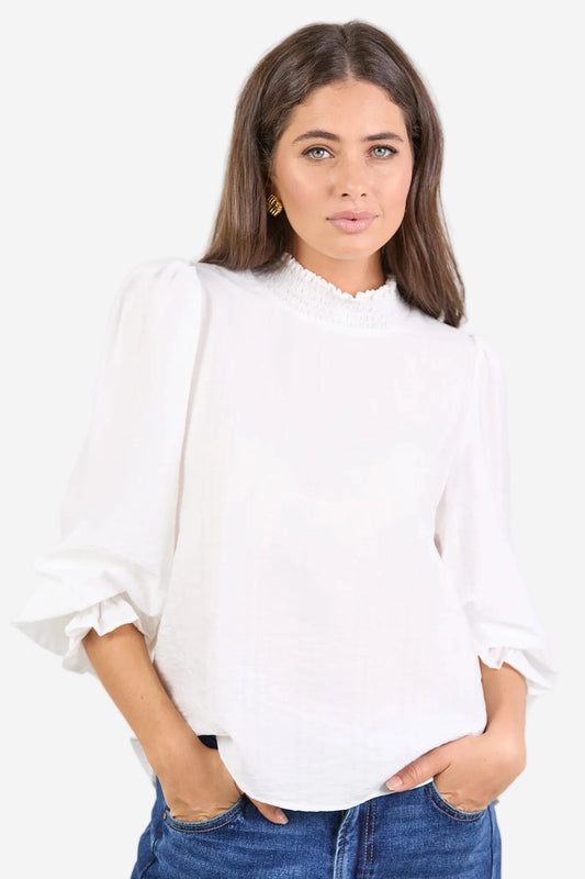AMONG THE BRAVE EMBRACE IVORY SELF STRIPE SHIRRED NECK LS TOP - THE VOGUE STORE