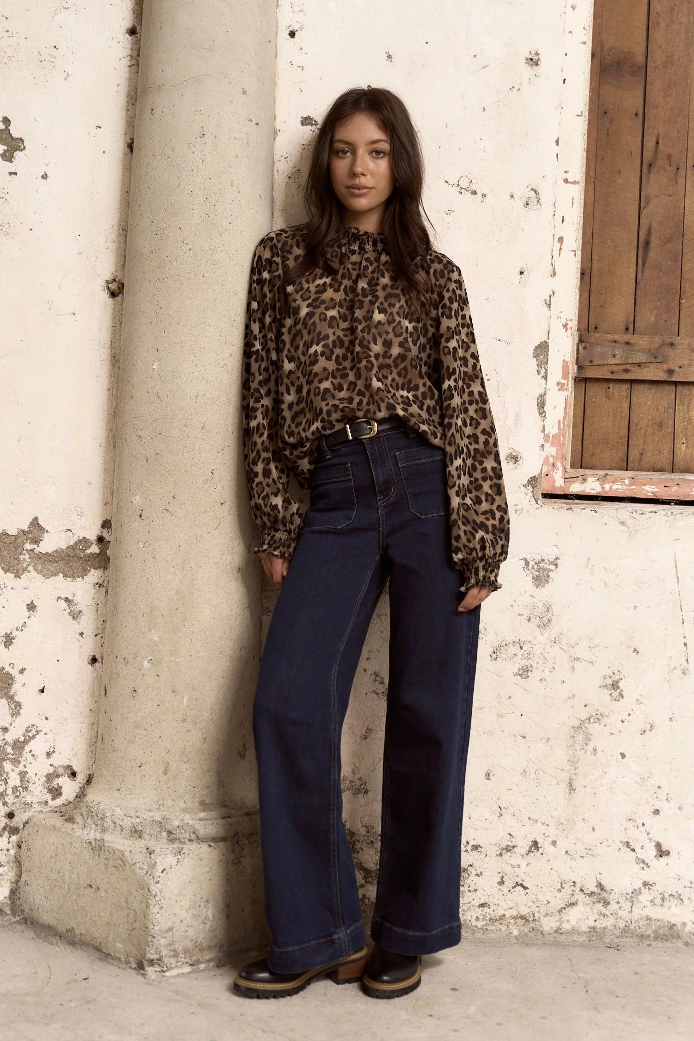 AMONG THE BRAVE EMBRACE LEOPARD GEORGETTE HIGH NECK LS TOP - THE VOGUE STORE