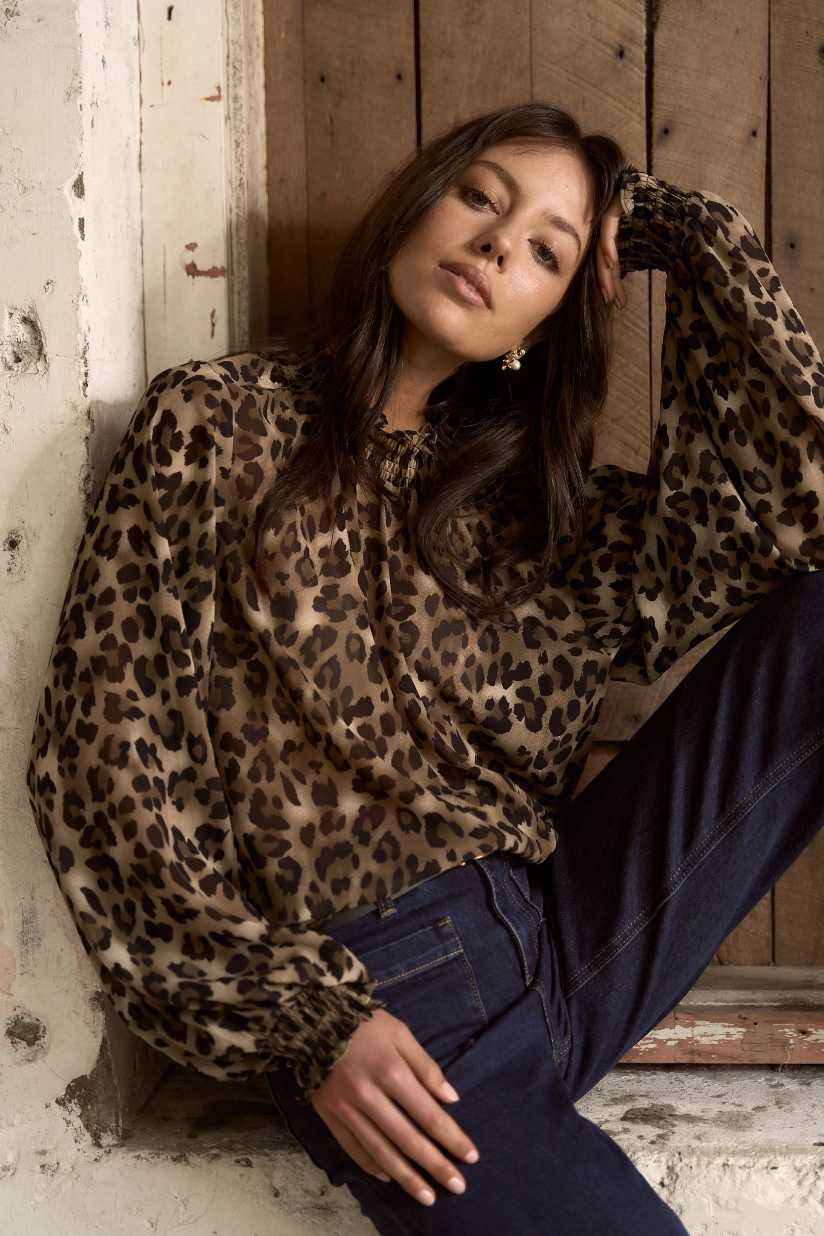 AMONG THE BRAVE EMBRACE LEOPARD GEORGETTE HIGH NECK LS TOP - THE VOGUE STORE