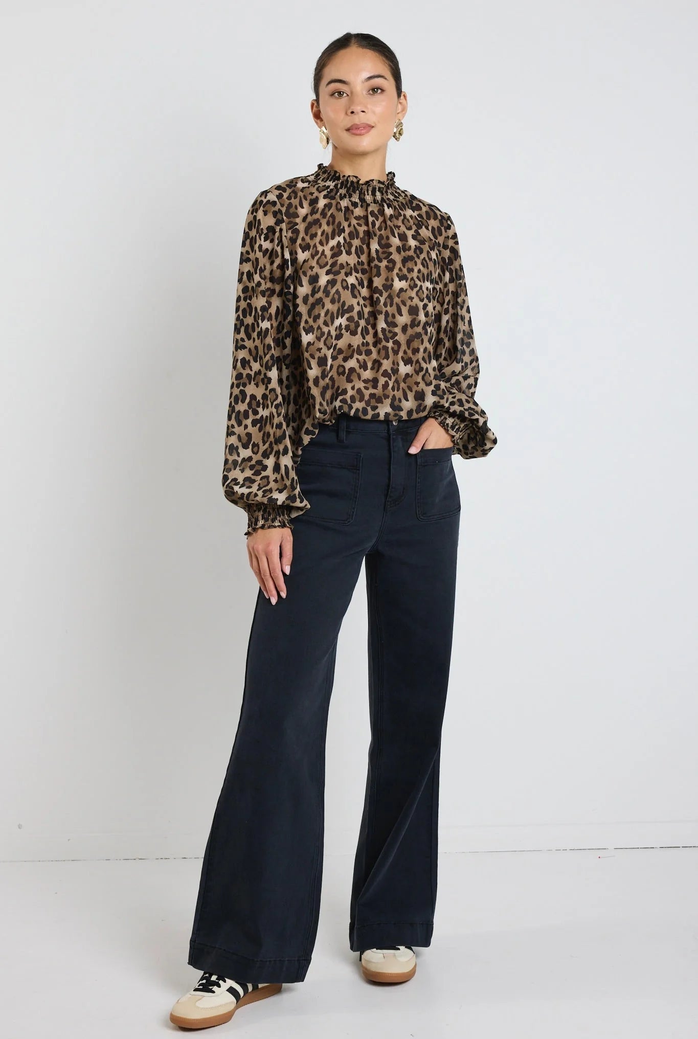 AMONG THE BRAVE EMBRACE LEOPARD GEORGETTE HIGH NECK LS TOP - THE VOGUE STORE