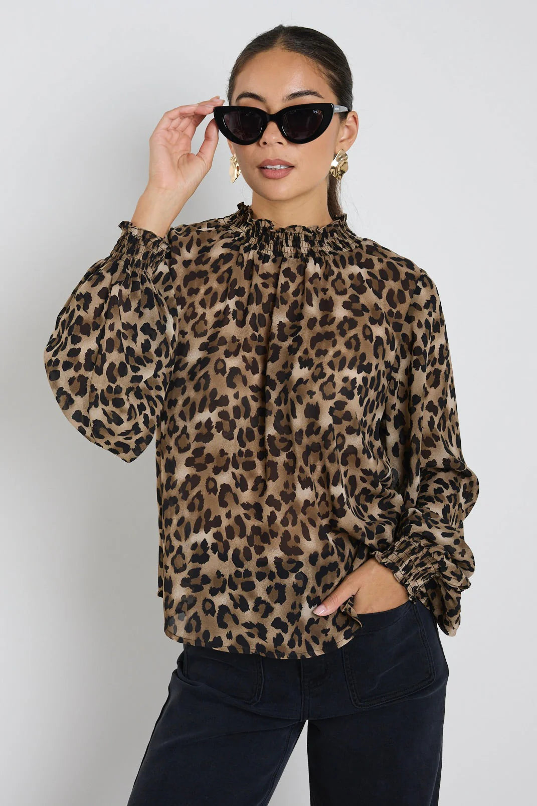 AMONG THE BRAVE EMBRACE LEOPARD GEORGETTE HIGH NECK LS TOP - THE VOGUE STORE