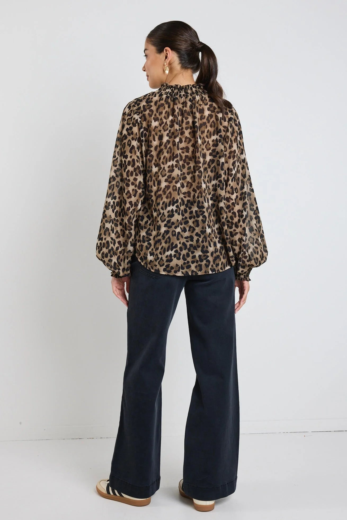 AMONG THE BRAVE EMBRACE LEOPARD GEORGETTE HIGH NECK LS TOP - THE VOGUE STORE