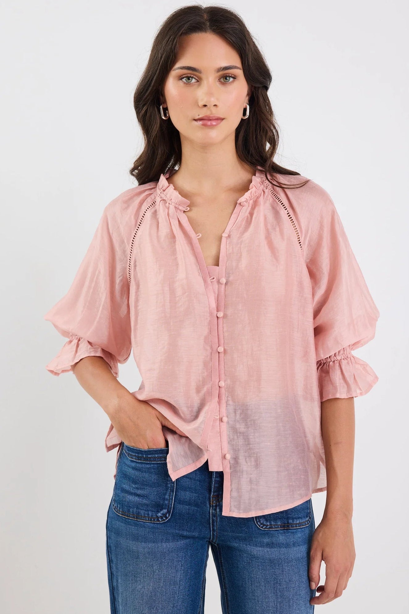 BY ROSA ENCOUNTER TEXTURED SS GATHERED BUTTON FRONT TOP - BLUSH - THE VOGUE STORE