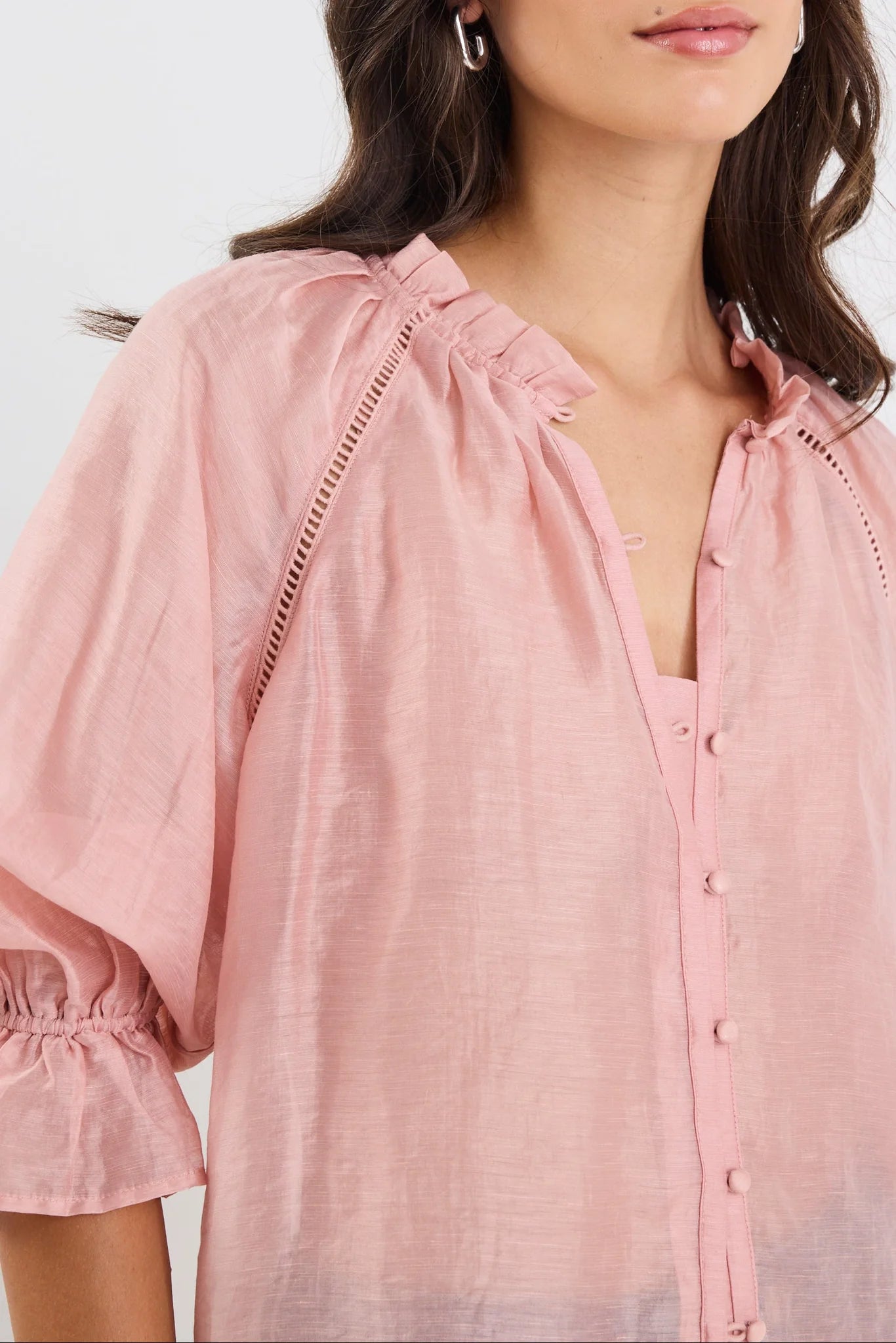 BY ROSA ENCOUNTER TEXTURED SS GATHERED BUTTON FRONT TOP - BLUSH - THE VOGUE STORE
