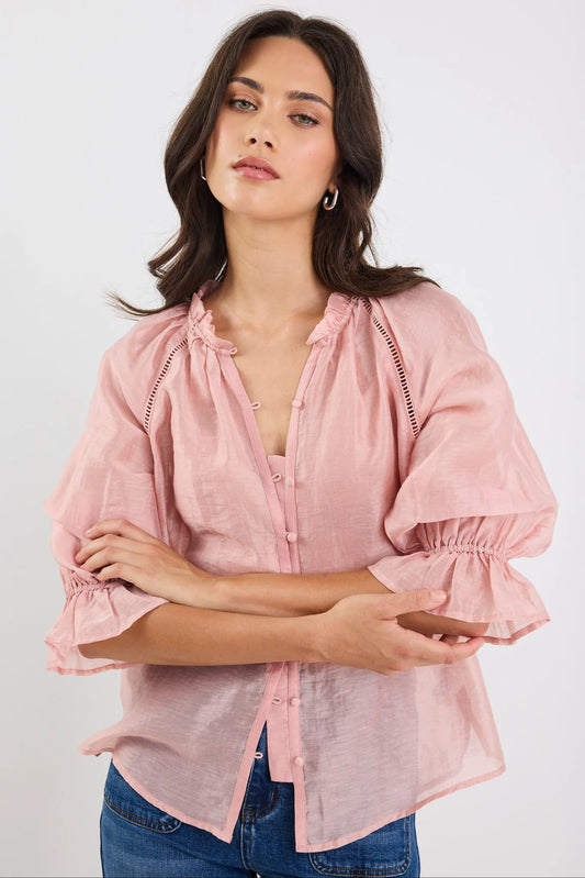BY ROSA ENCOUNTER TEXTURED SS GATHERED BUTTON FRONT TOP - BLUSH - THE VOGUE STORE