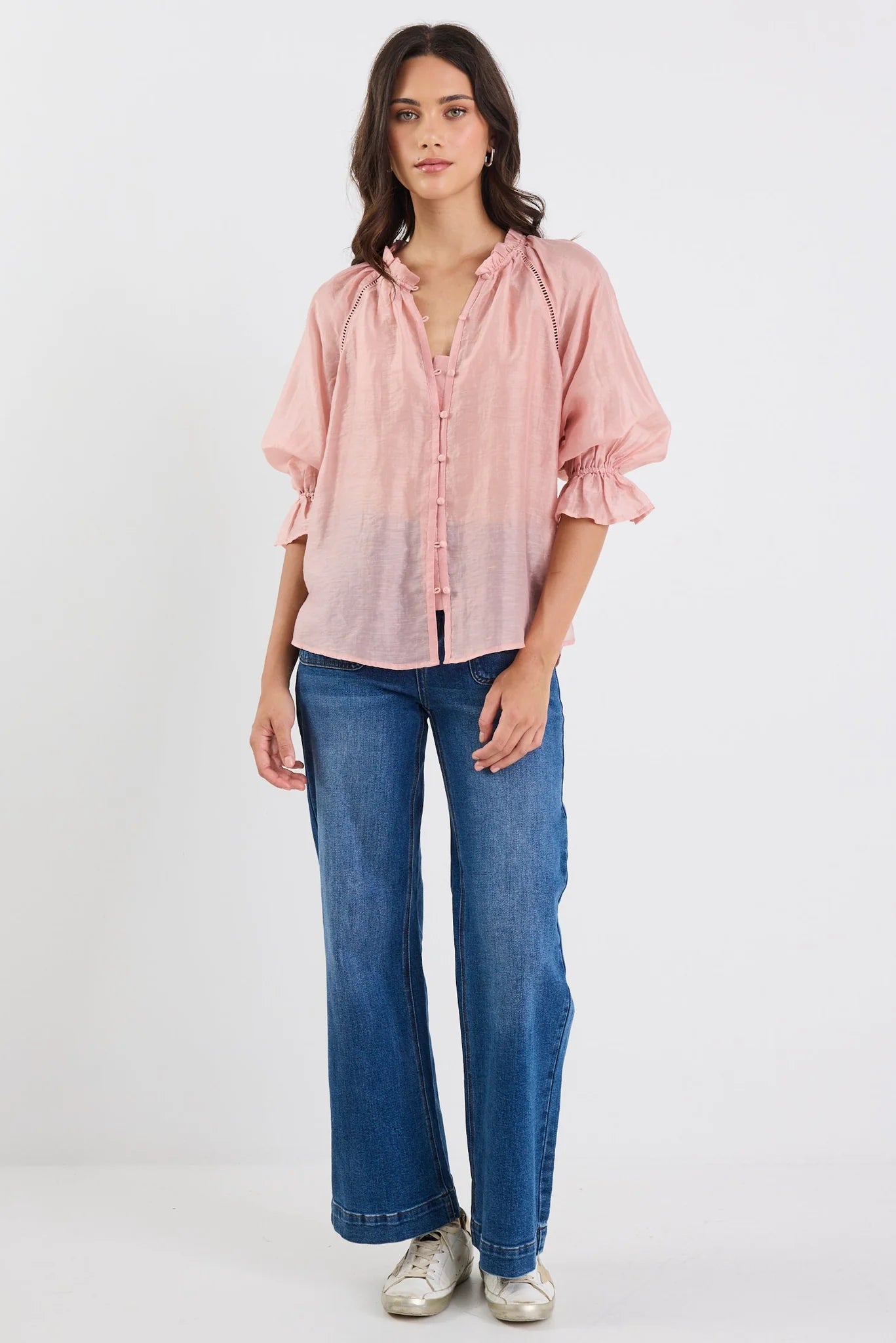 BY ROSA ENCOUNTER TEXTURED SS GATHERED BUTTON FRONT TOP - BLUSH - THE VOGUE STORE