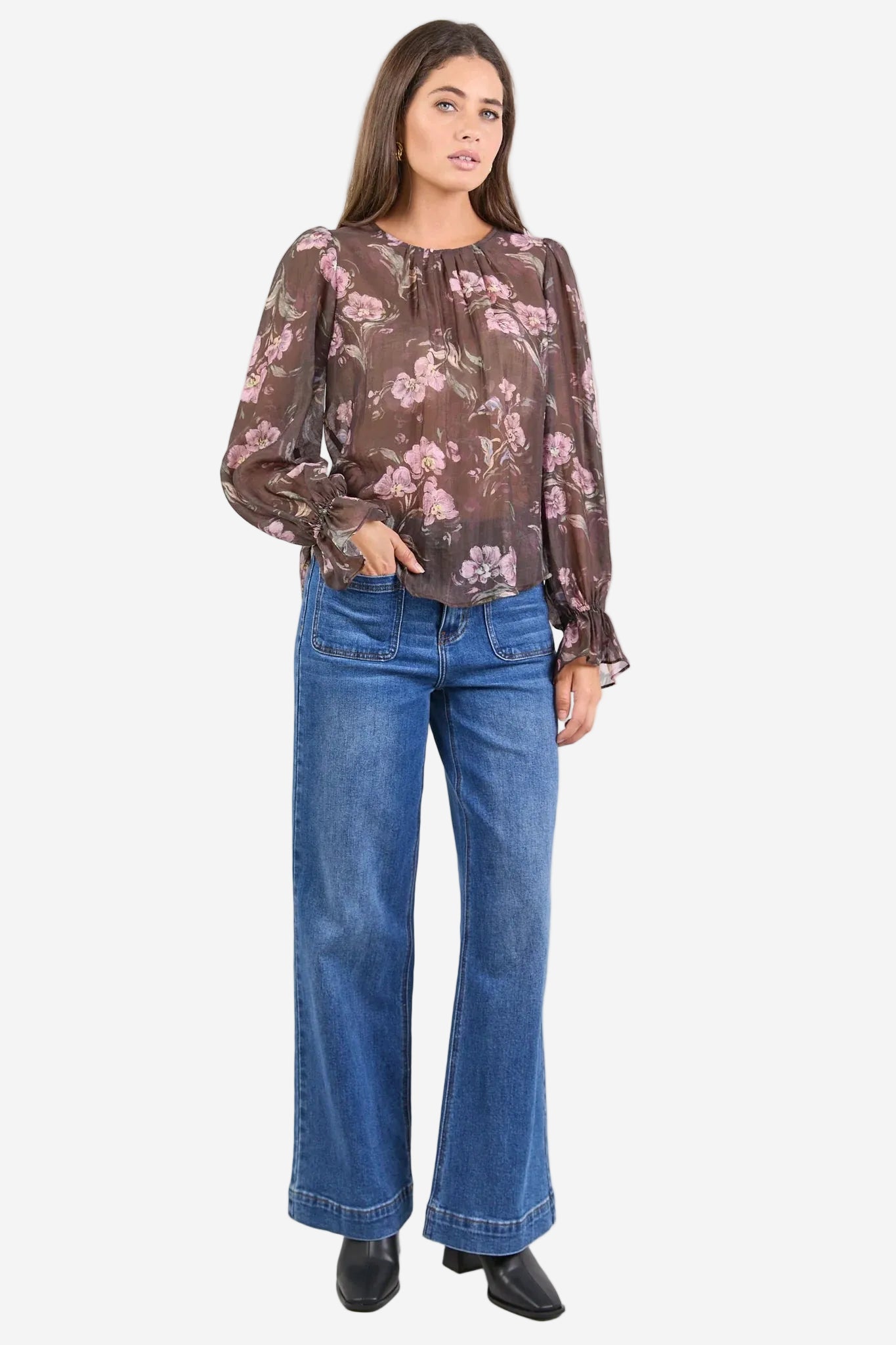 BY ROSA ENDLESS CHOCOLATE FLORAL BLOUSON SLEEVE LS TOP - THE VOGUE STORE