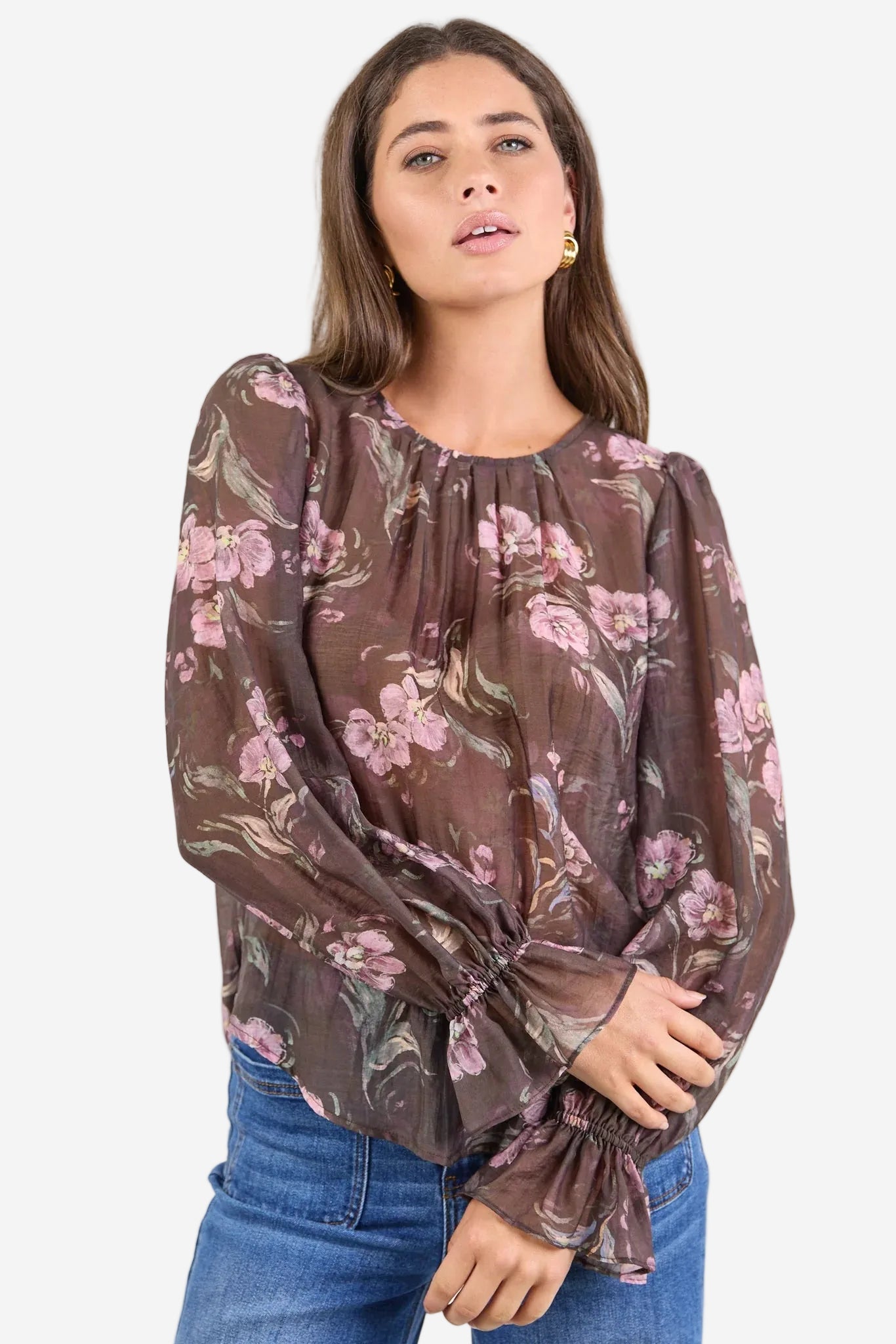 BY ROSA ENDLESS CHOCOLATE FLORAL BLOUSON SLEEVE LS TOP - THE VOGUE STORE